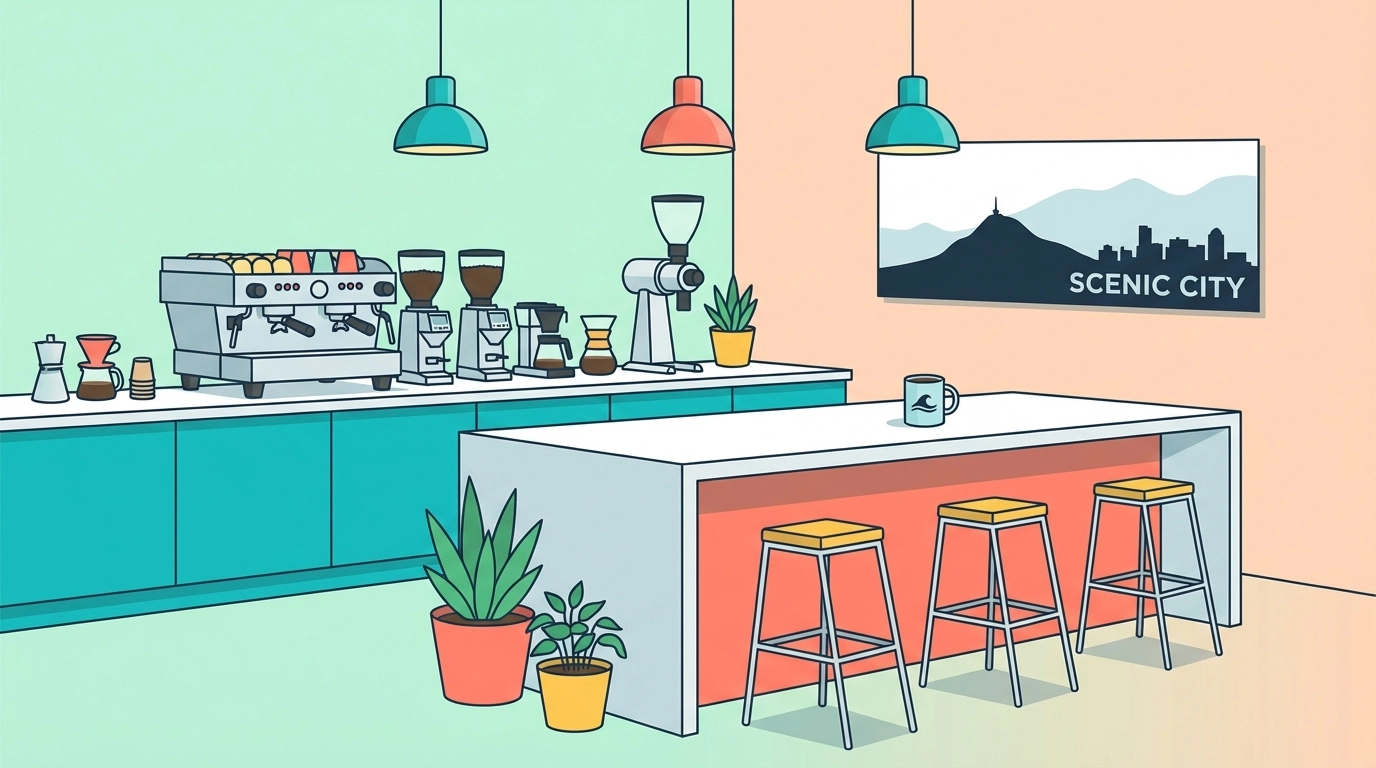 Flat vector illustration of Mediafy’s remodeled Chattanooga office kitchen with a modern coffee bar, bar stools, plants, and subtle Lookout Mountain-inspired wall art