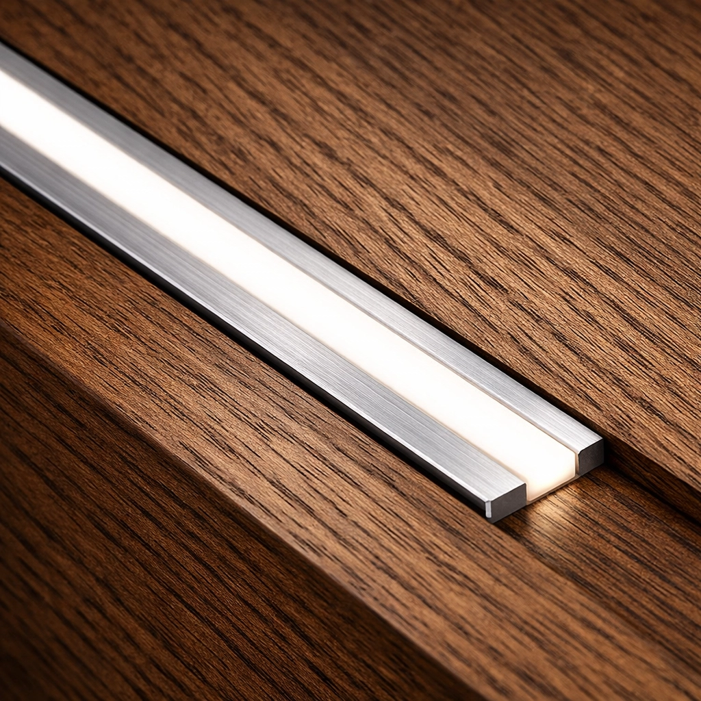 Sleek aluminum LED channel recessed into wood millwork for high-end closet design.