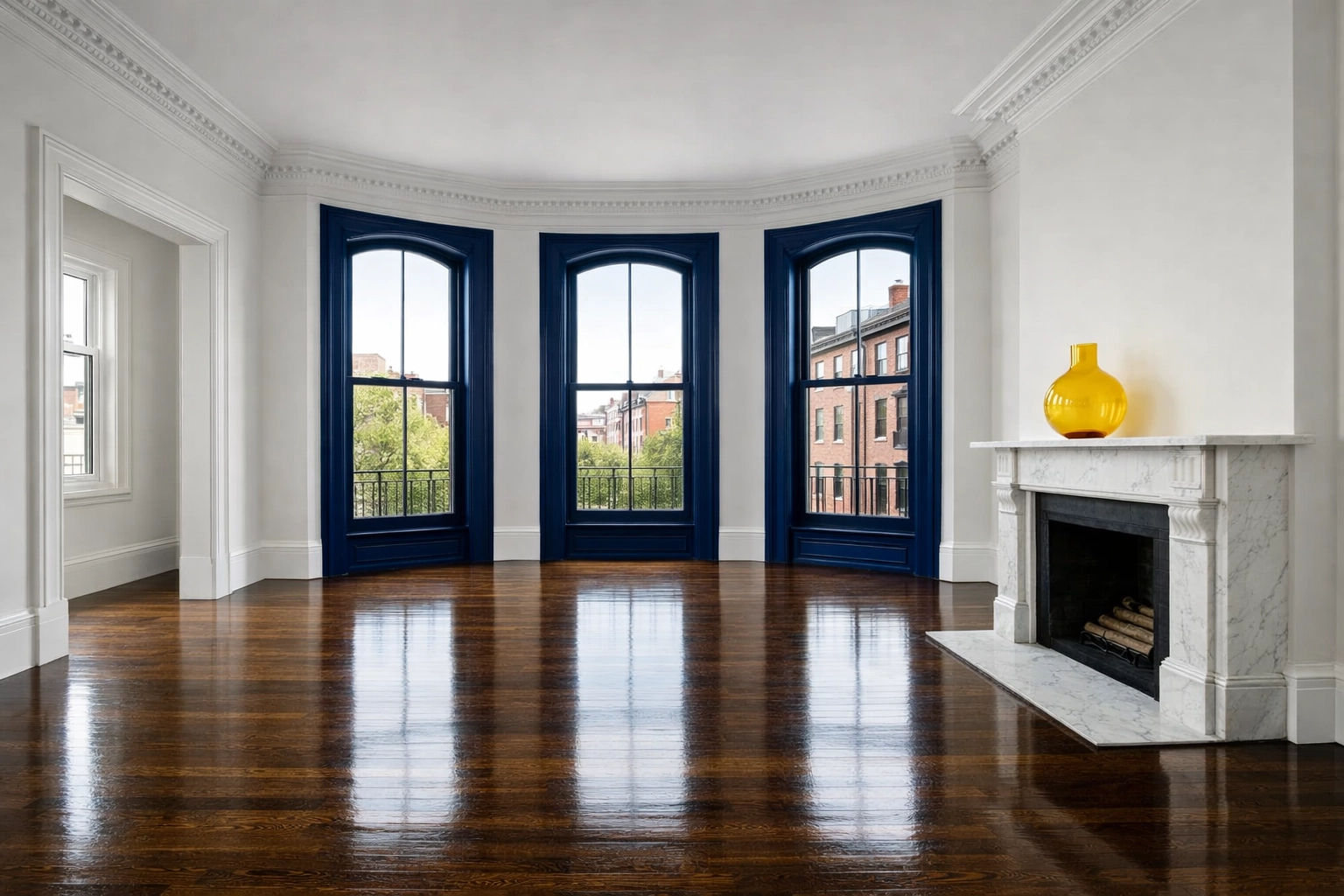 Spotless Boston brownstone living room floors after a professional apartment move-out cleaning service.