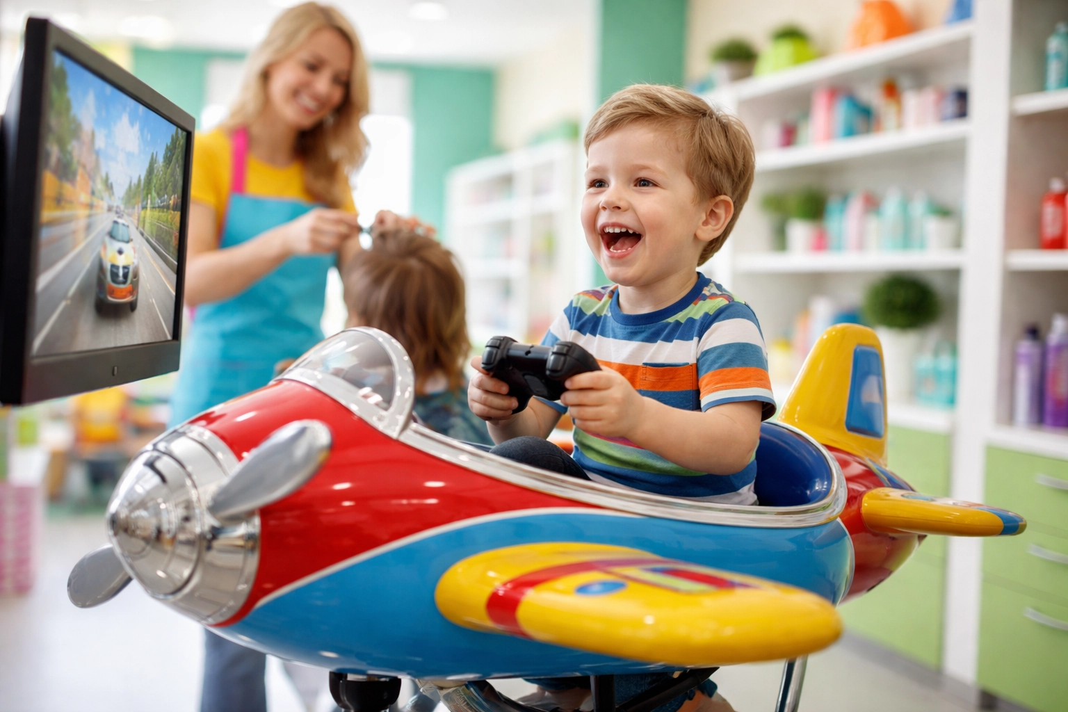 Happy child in airplane salon chair playing video games while getting haircut, showcasing unique Sharkey's Cuts For Kids experience