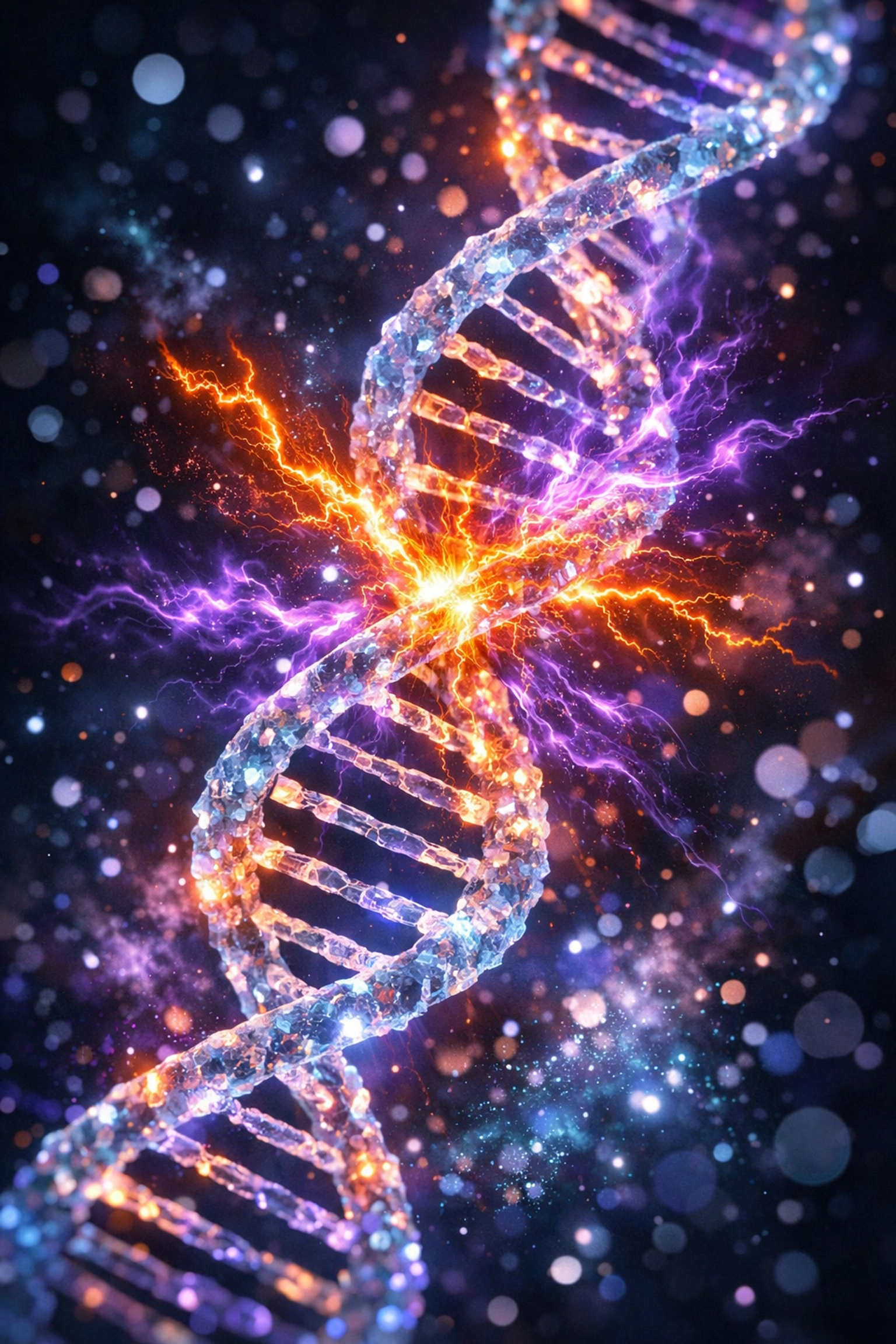 DNA strand with glowing electrical pulses representing cellular transformation and nervous system health.