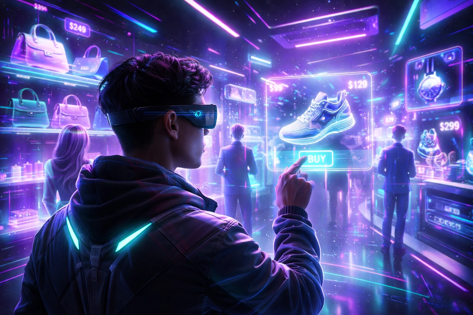 Person shopping in a virtual metaverse store using AR glasses, highlighting futuristic retail and crypto payment innovation.