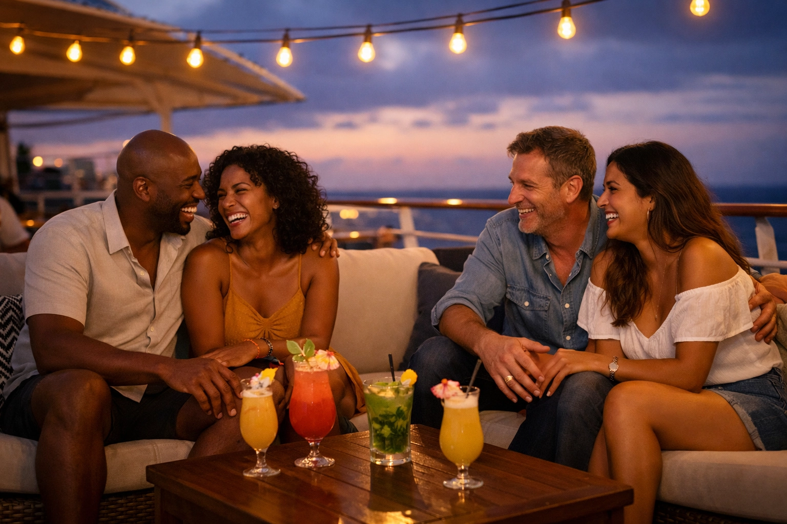 Couples socializing and connecting over drinks on lifestyle cruise ship at evening