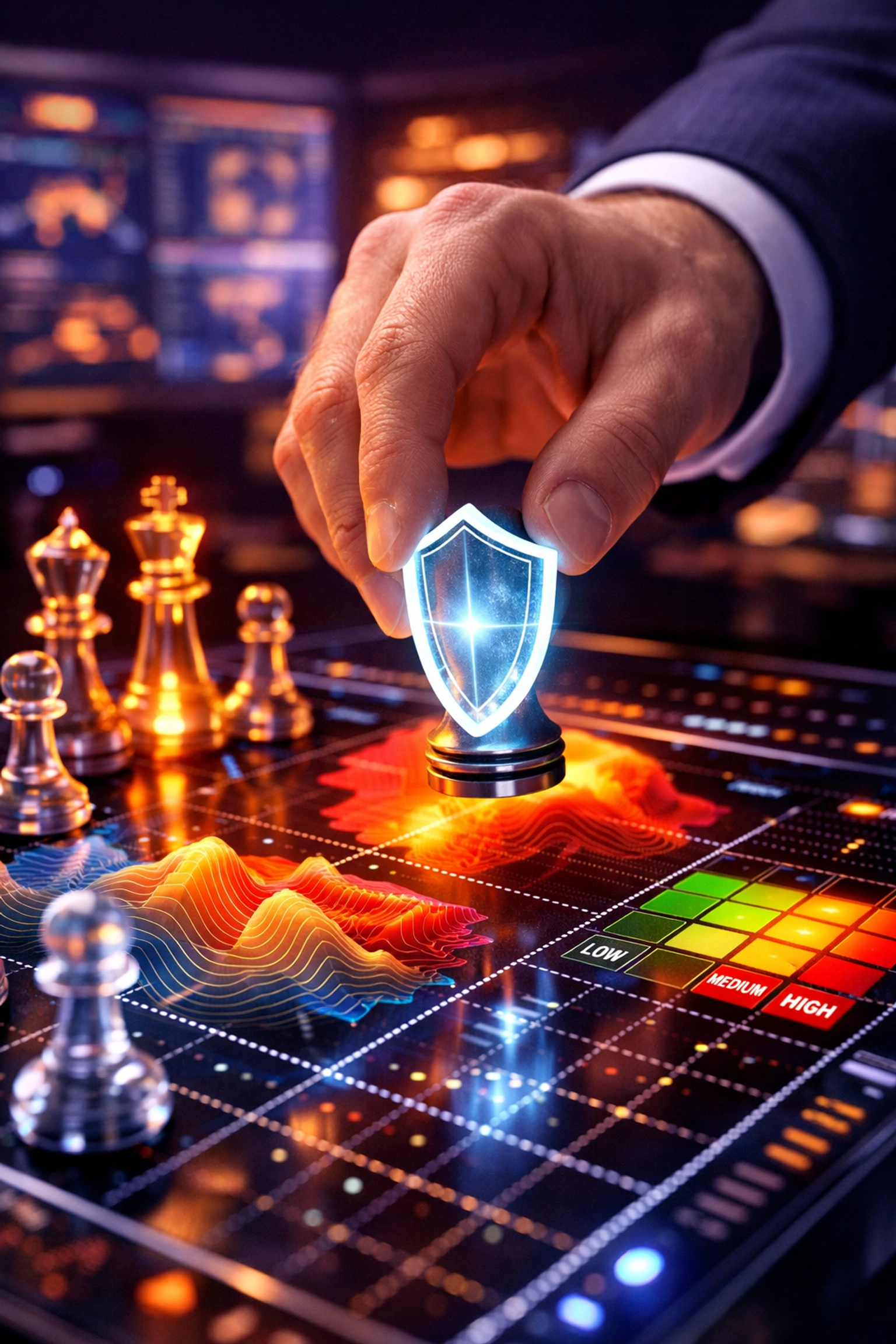 Strategic digital chess game with risk matrices representing the management mindset required for the CISSP exam.