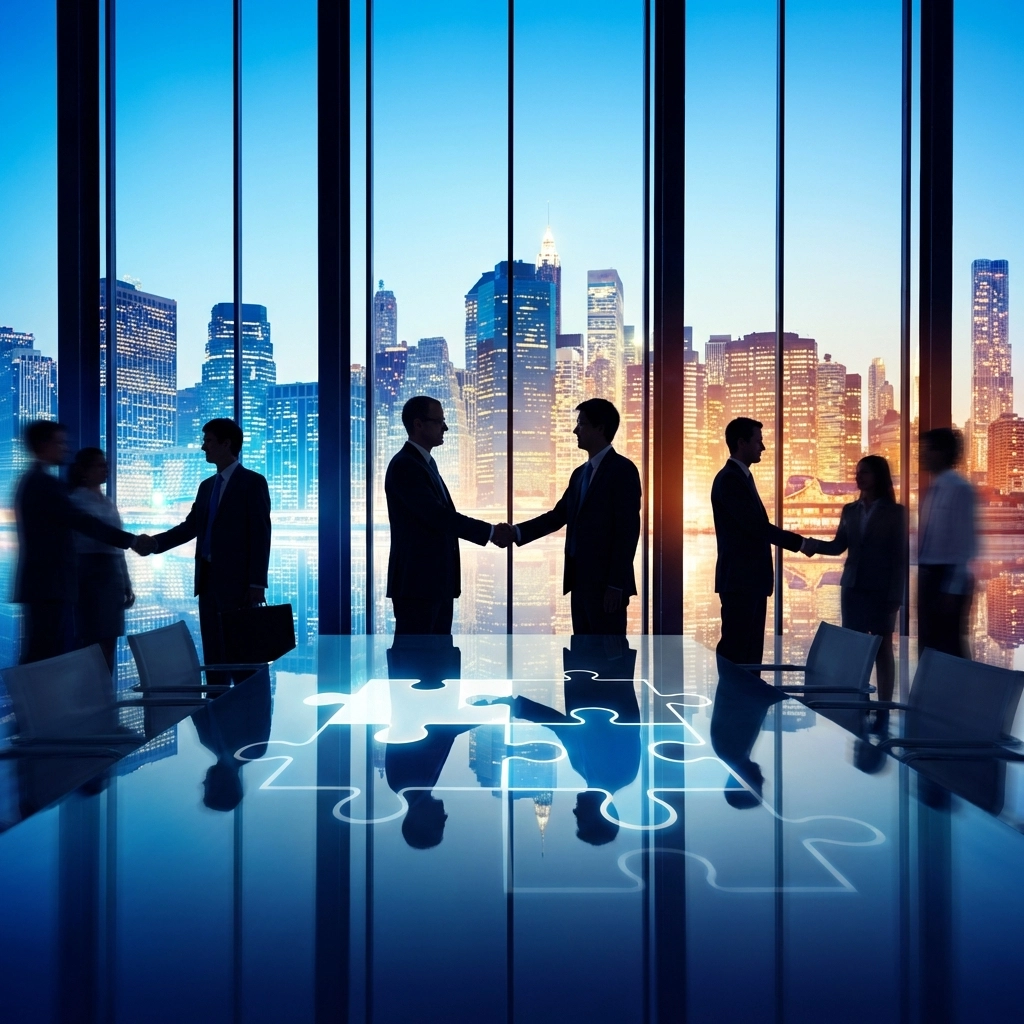 Executives shaking hands over a conference table symbolize multi-strategy hedge fund deal-making and diversification.