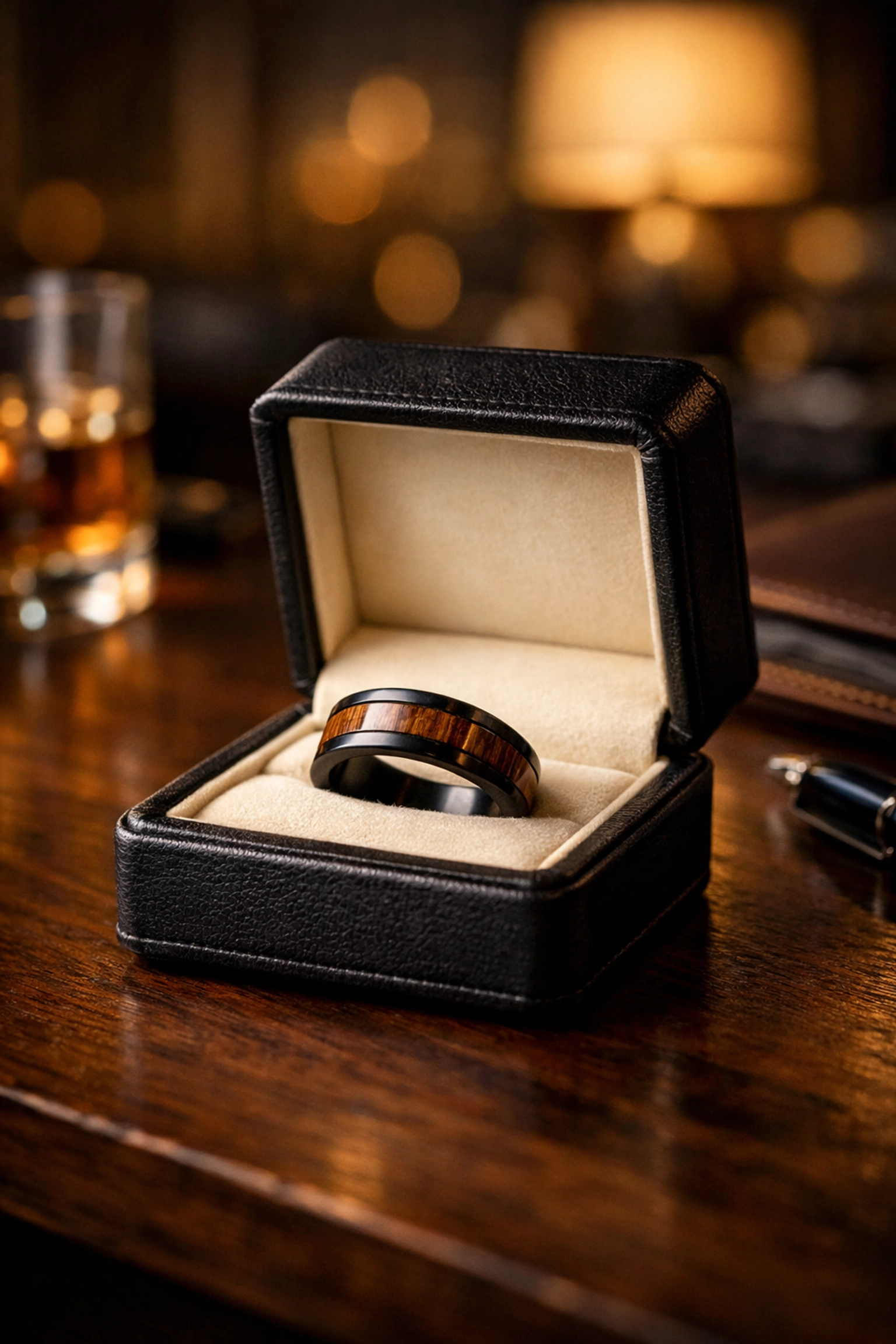 Black titanium ring with whiskey barrel wood inlay in a box, offering an affordable luxury wedding band.