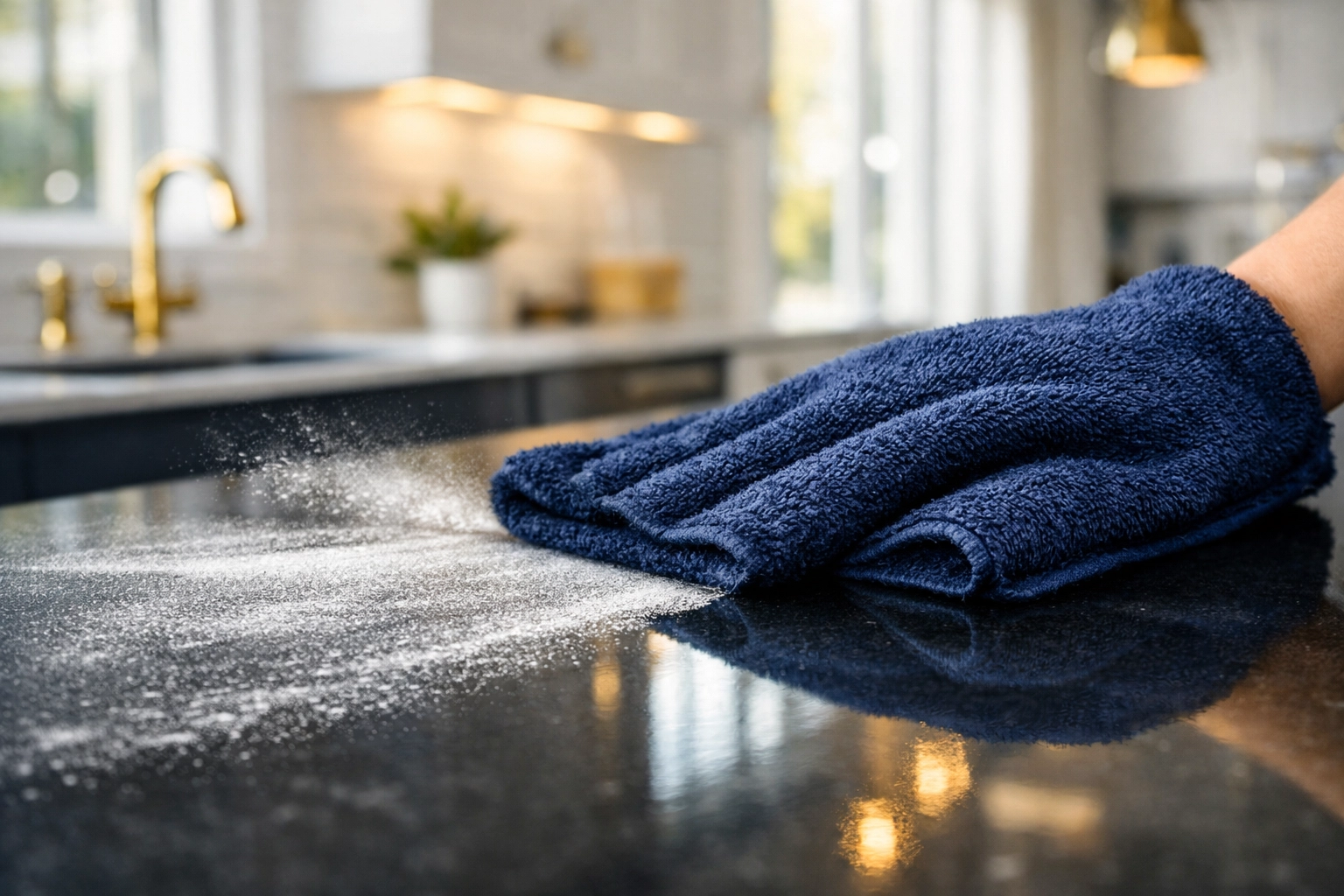Wiping fine dust from a quartz countertop during post construction cleaning Boxborough.