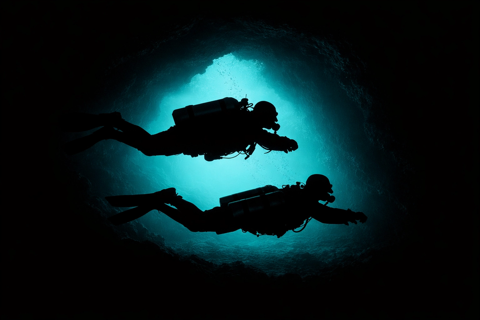 Vergleich von Sidemount- und Backmount-Tauchern in perfekter Wasserlage beim Höhlentauchen.