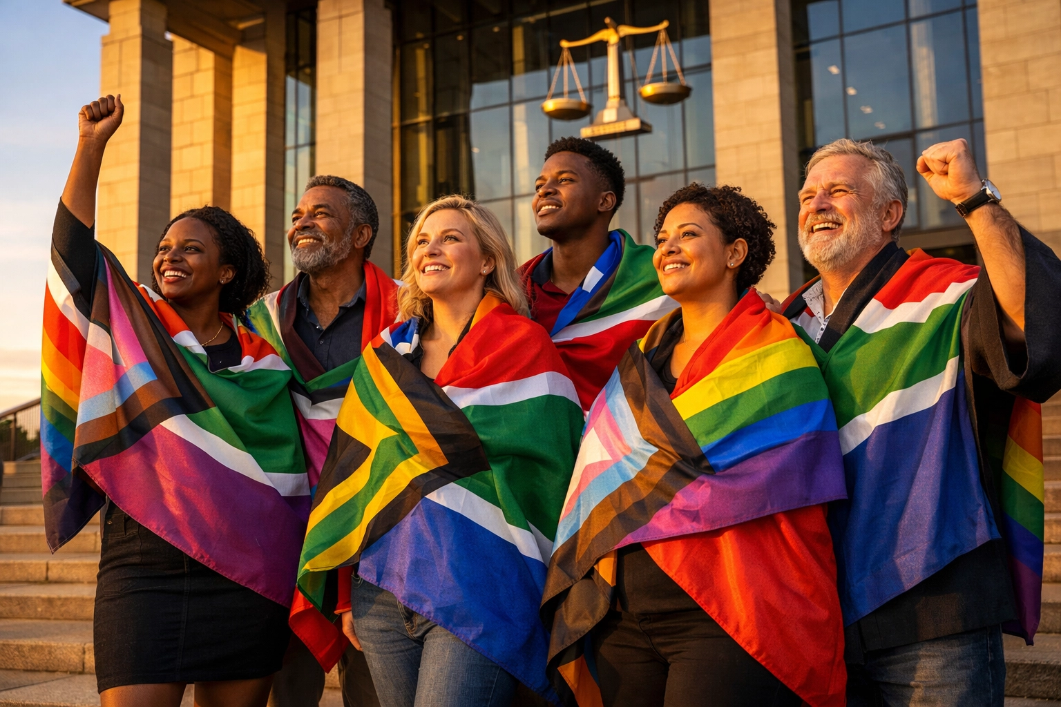 Diverse group of LGBTQ+ South Africans holding pride flags in front of a court building during sunset.