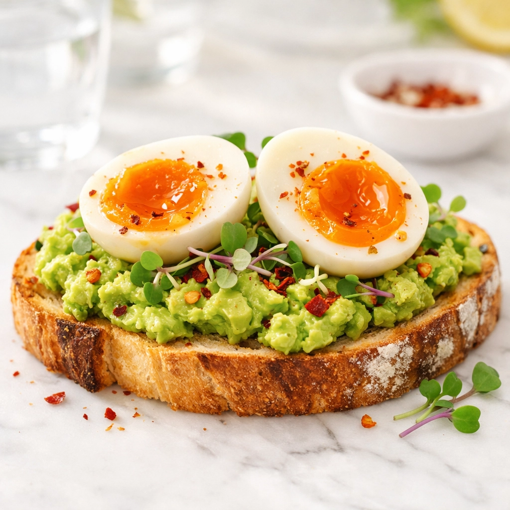 Nutrient-dense avocado toast with soft-boiled eggs to help resolve postpartum brain fog and fatigue.