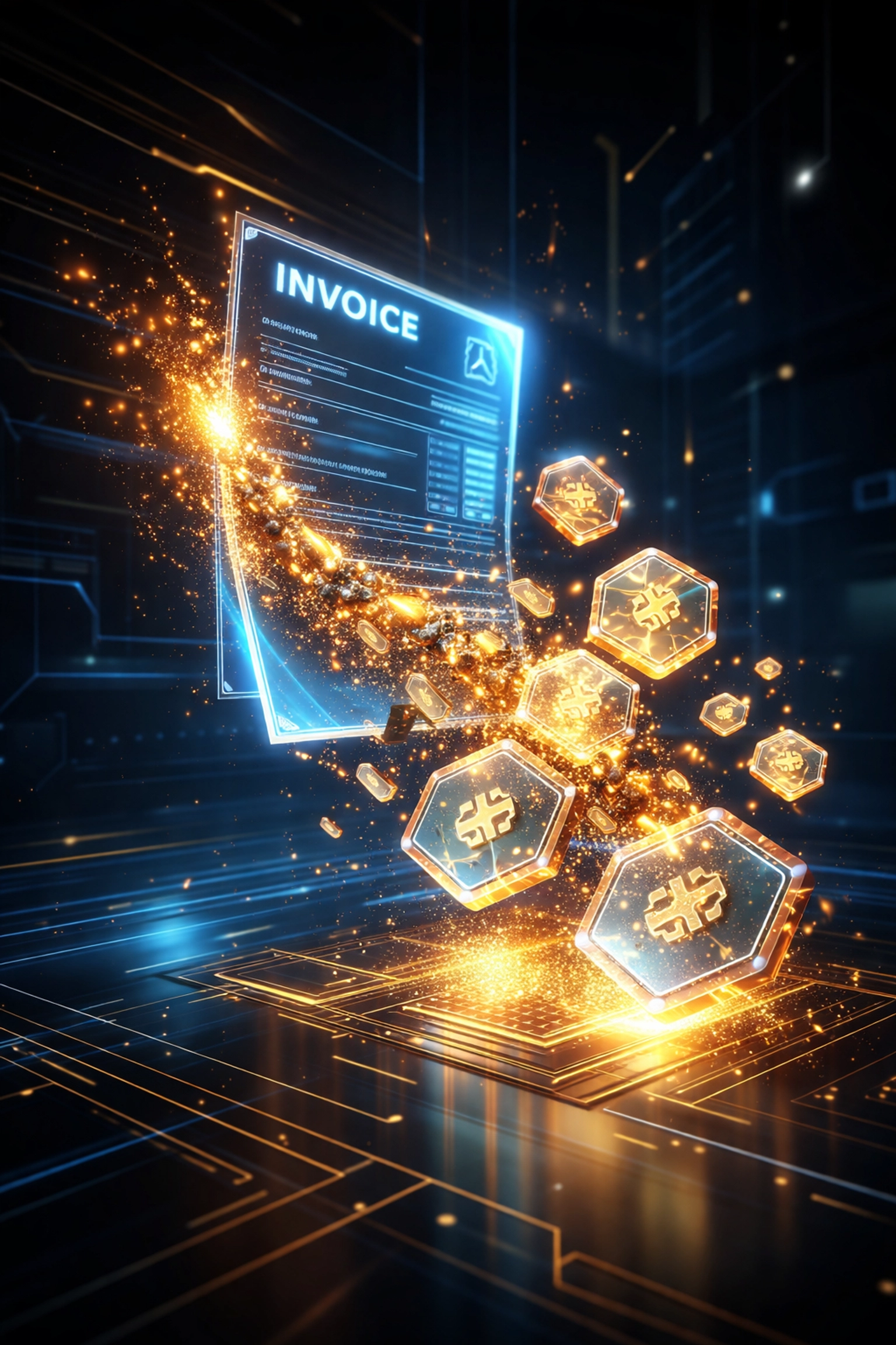 Digital invoice transforming into blockchain tokens representing Web3 payments and reduced interchange fees
