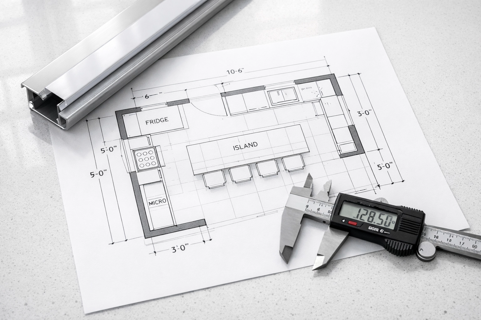 Professional planning and measurement for custom kitchen cabinet LED lighting installation.