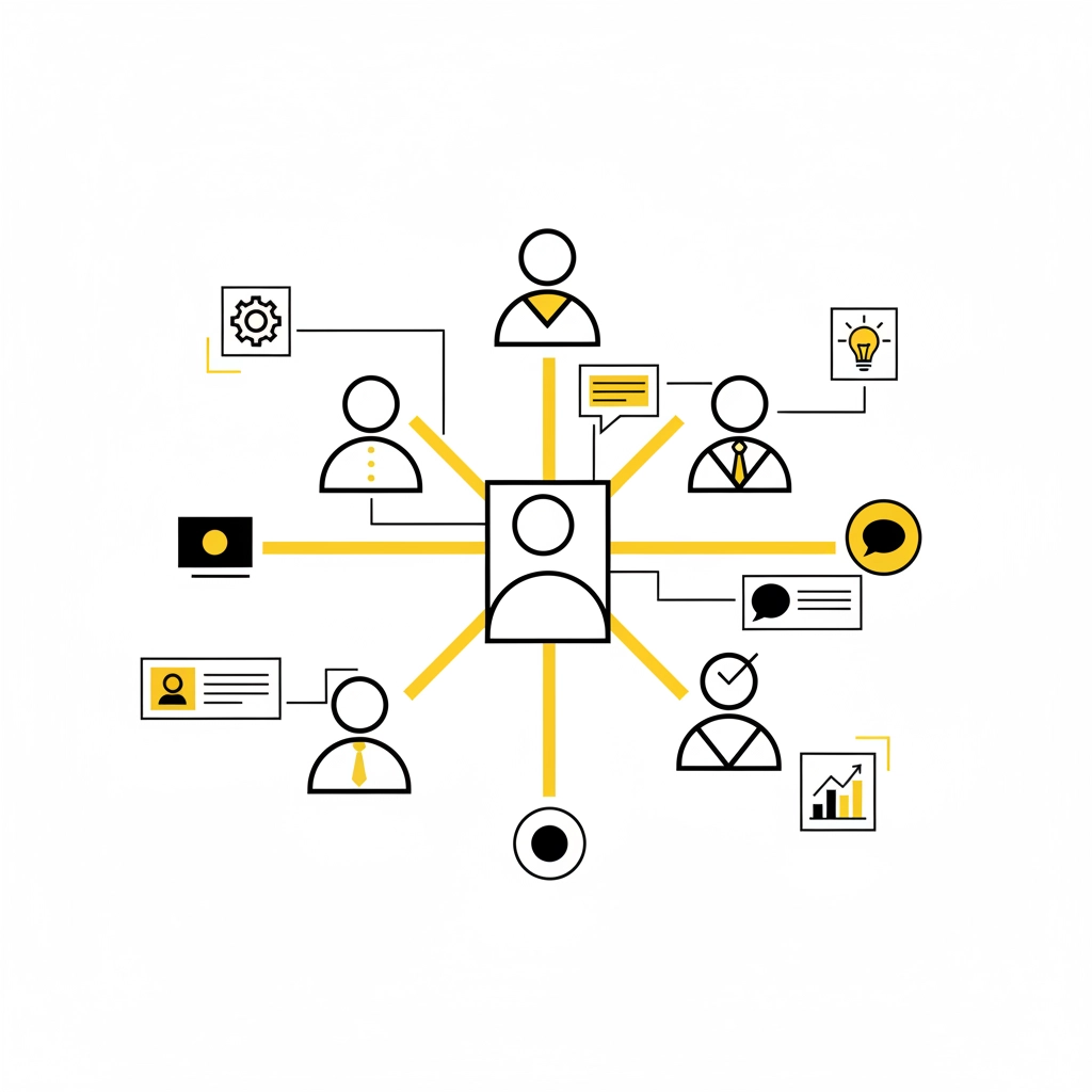 Central figure connects to various icons and people, depicting communication and idea exchange. Yellow and black on white background.