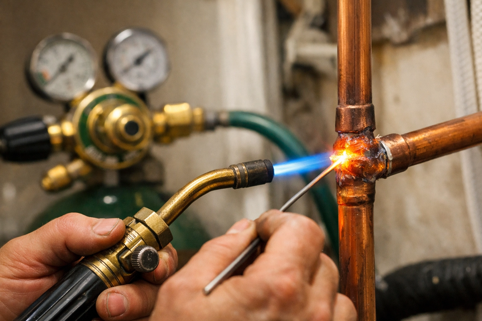 HVAC technician brazing copper pipework using an oxygen-free nitrogen purge to prevent internal oxidation.