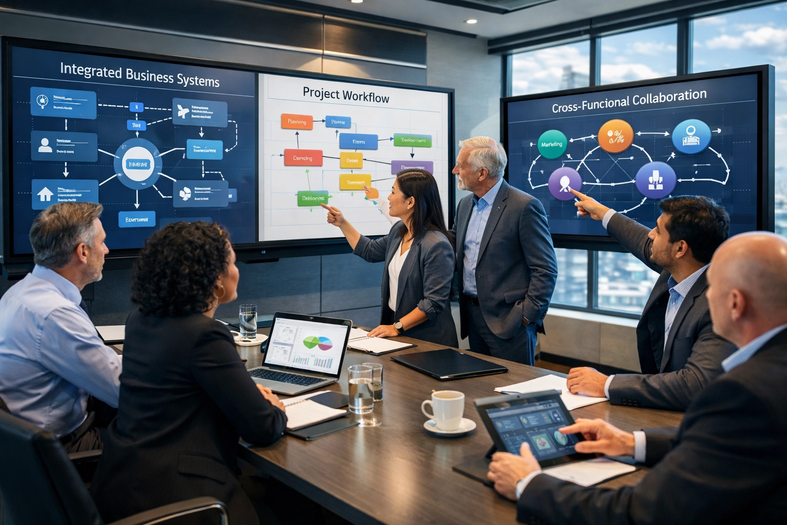 Business professionals collaborating on integrated technology solutions across Dakdan portfolio companies