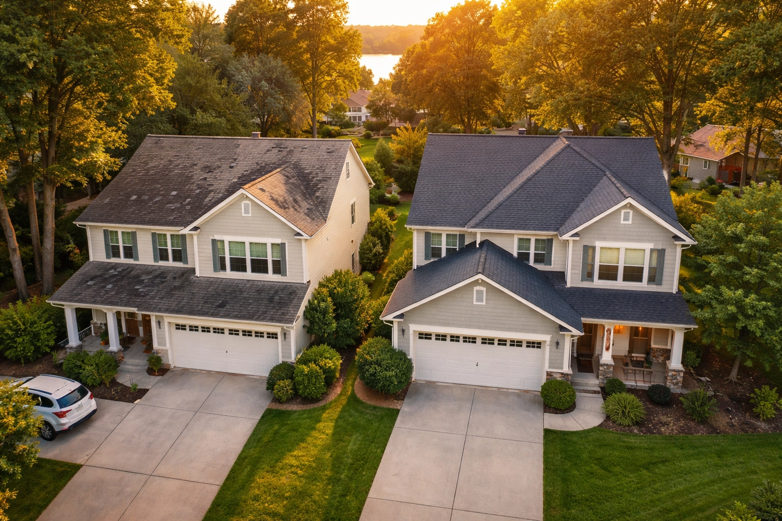 Aerial view showing an old, worn roof next to a new, lifetime warranty roof in a Charlotte NC neighborhood