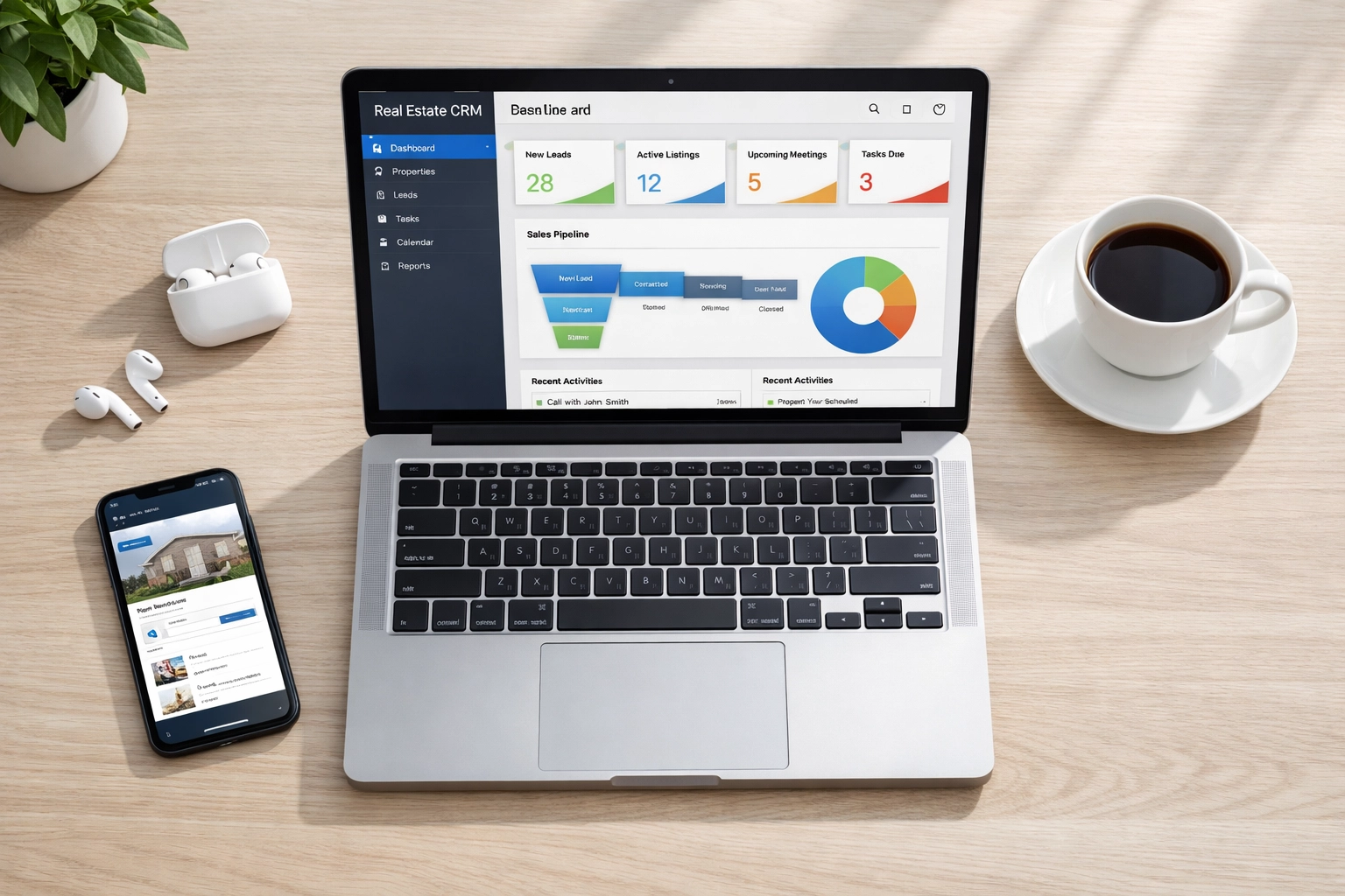 Real estate professional's workspace with CRM dashboard for managing client communications