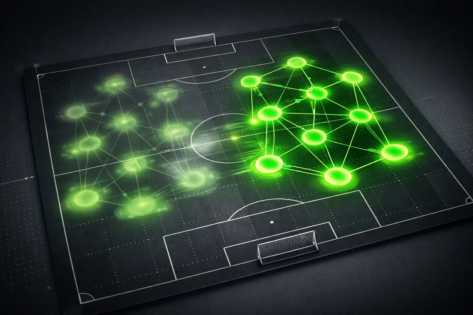 Aerial heat map of football pitch showing tactical formation shift after player substitution