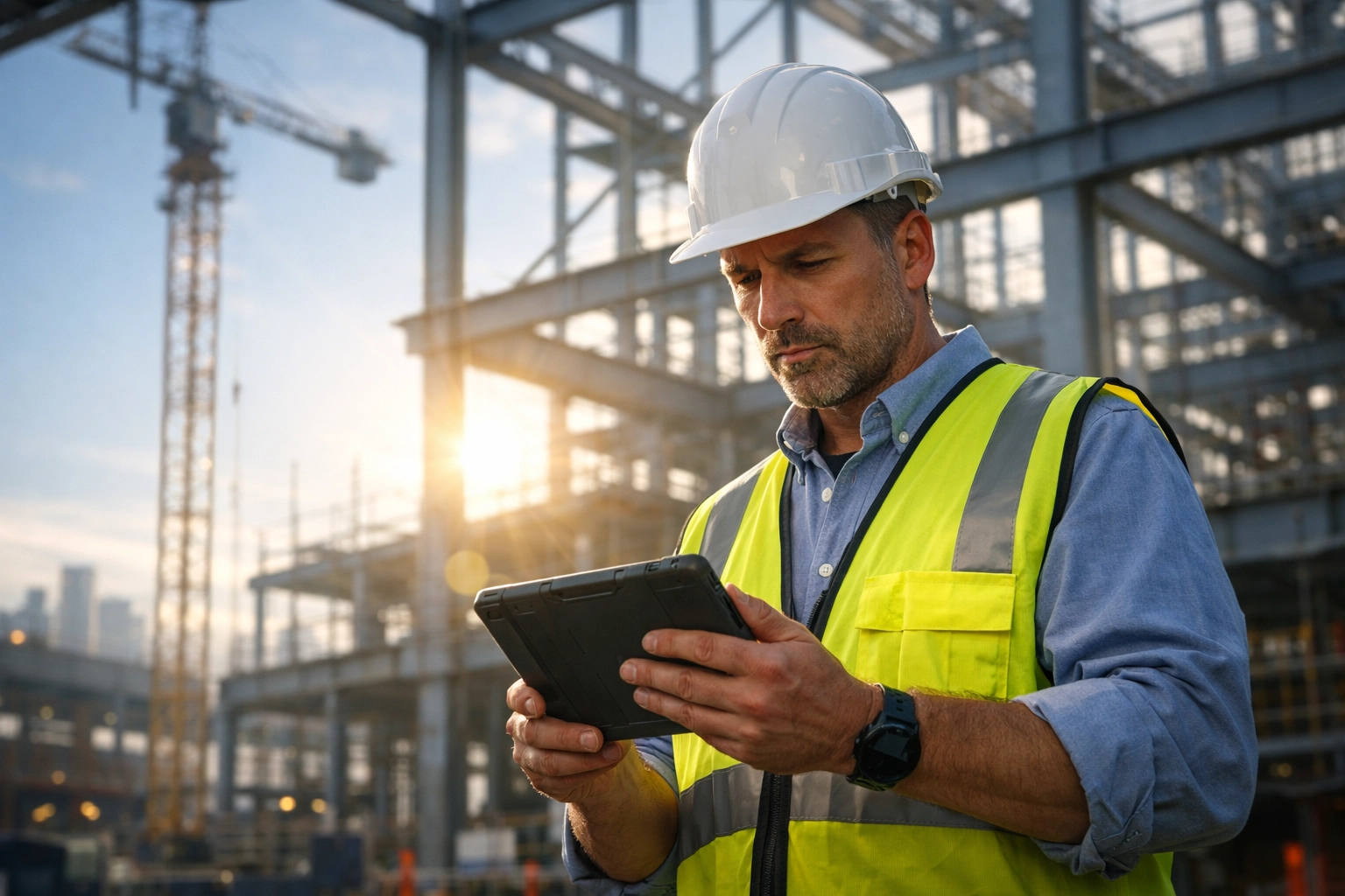 A construction supervisor reviewing site compliance to maintain Gross Payment Status with HMRC.