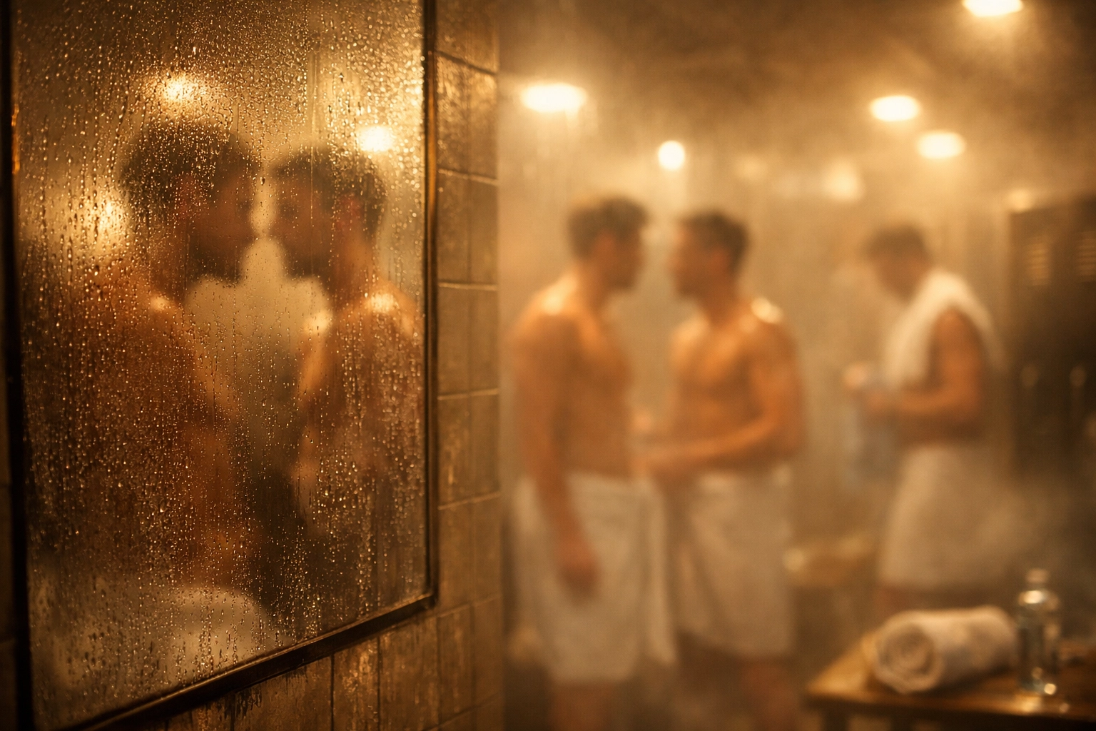 Steamy gym locker room with fogged mirrors reflecting men in towels