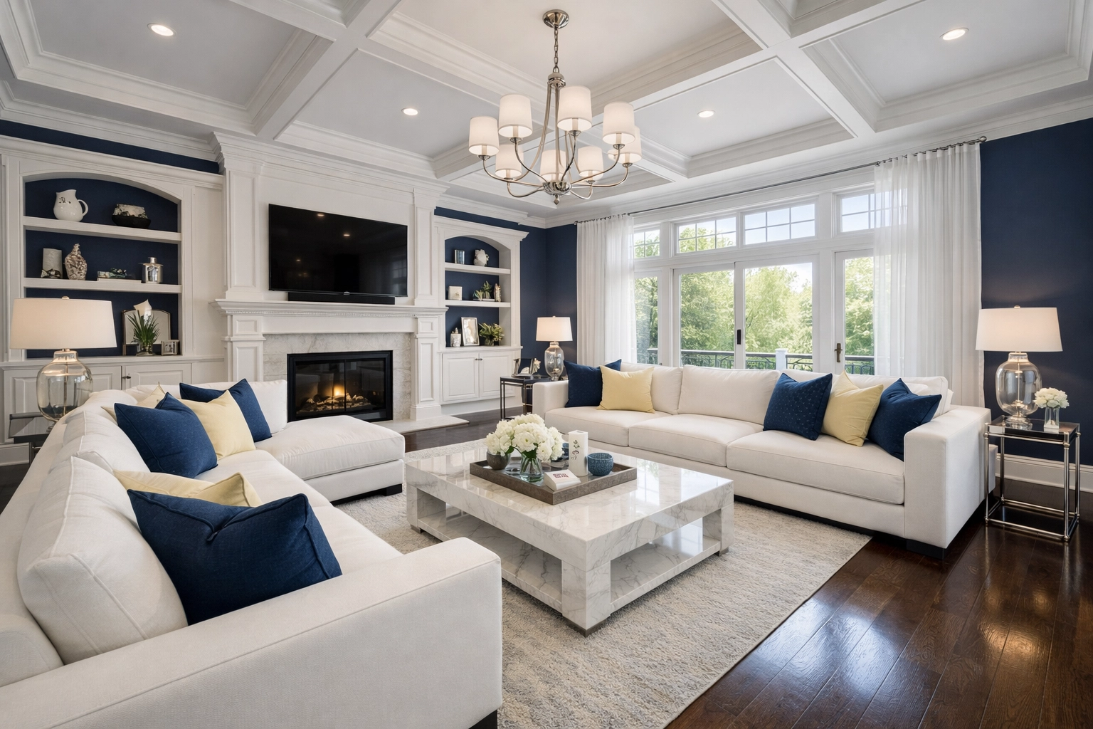 Pristine Northborough living room with white sofas and clean hardwood floors, perfect for a stress-free home.