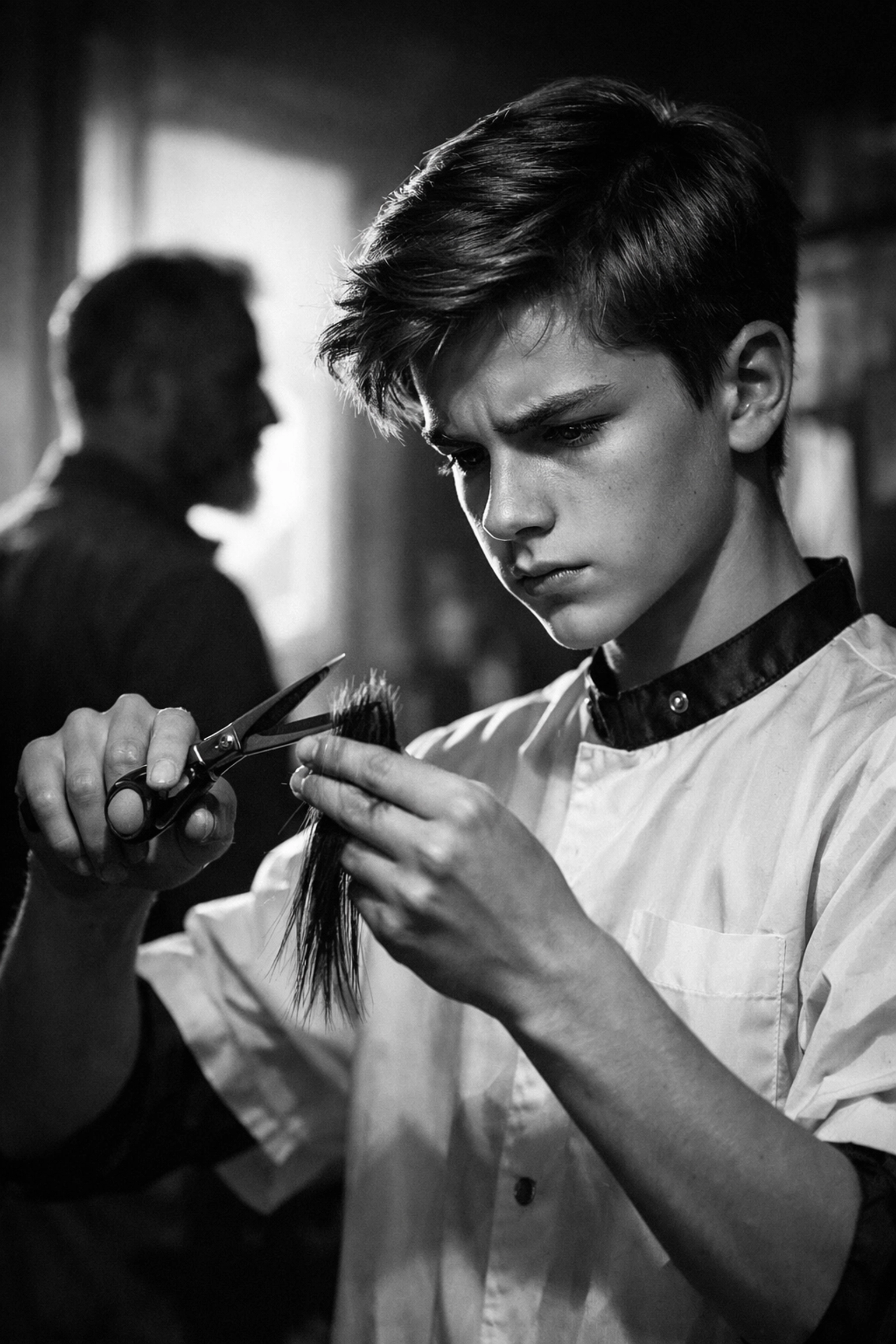 Young high school student training at a barber school in Ohio following new age requirement rules.