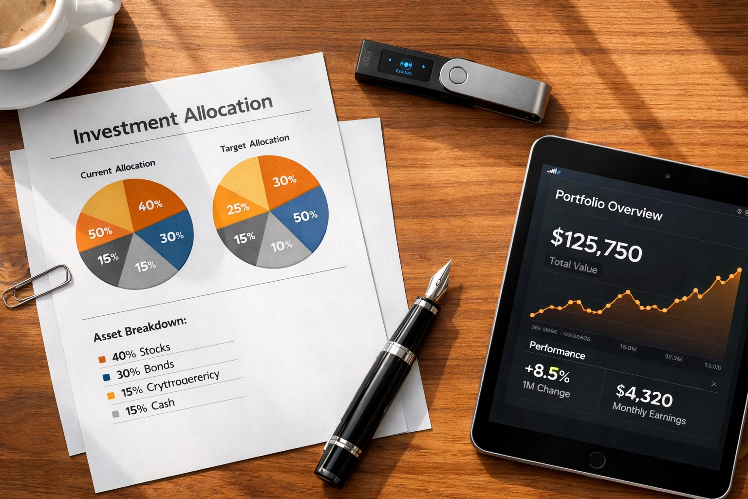 Investment portfolio planning workspace with crypto wallet, financial documents, and analytics tablet