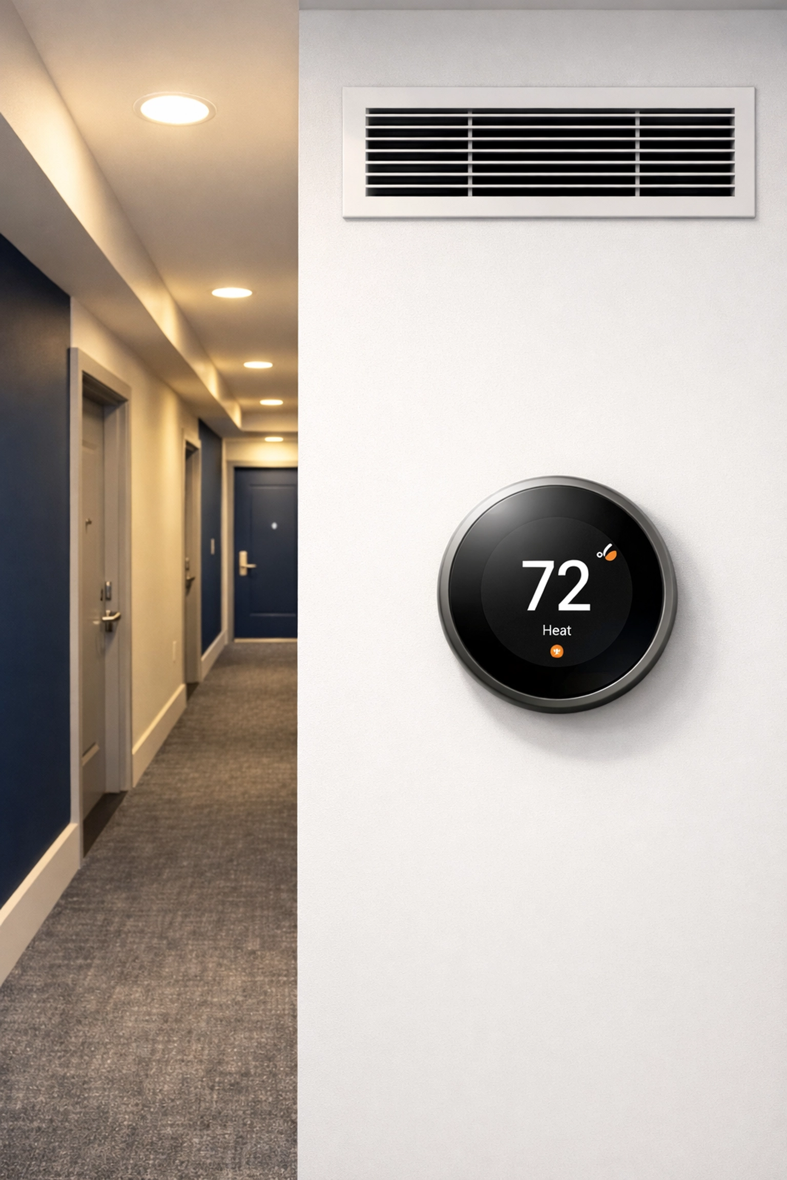 Clean modern hallway with HVAC maintenance and thermostat check for a successful apartment turnover in Boston.