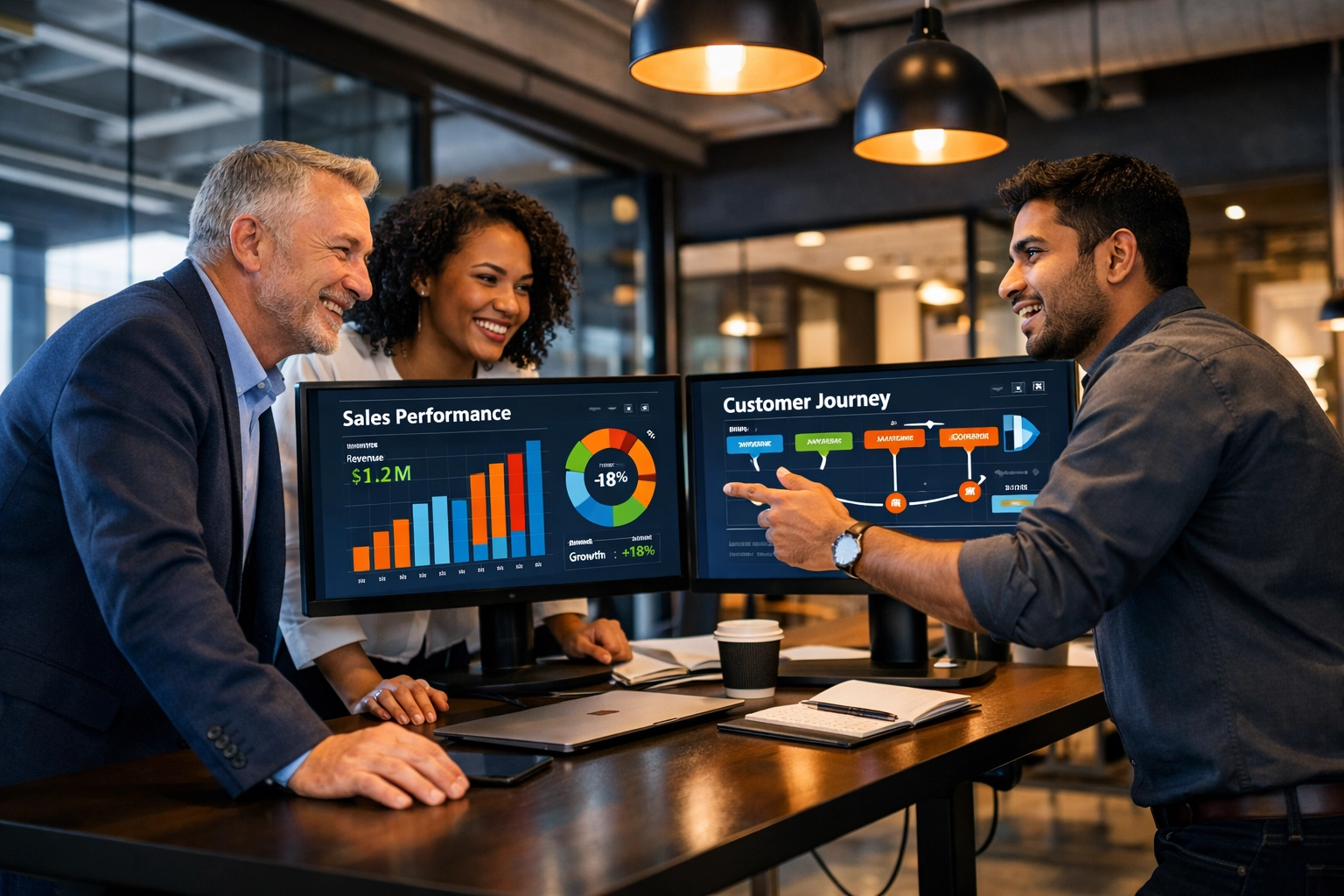 Business team collaborating on sales and marketing strategy with performance dashboards