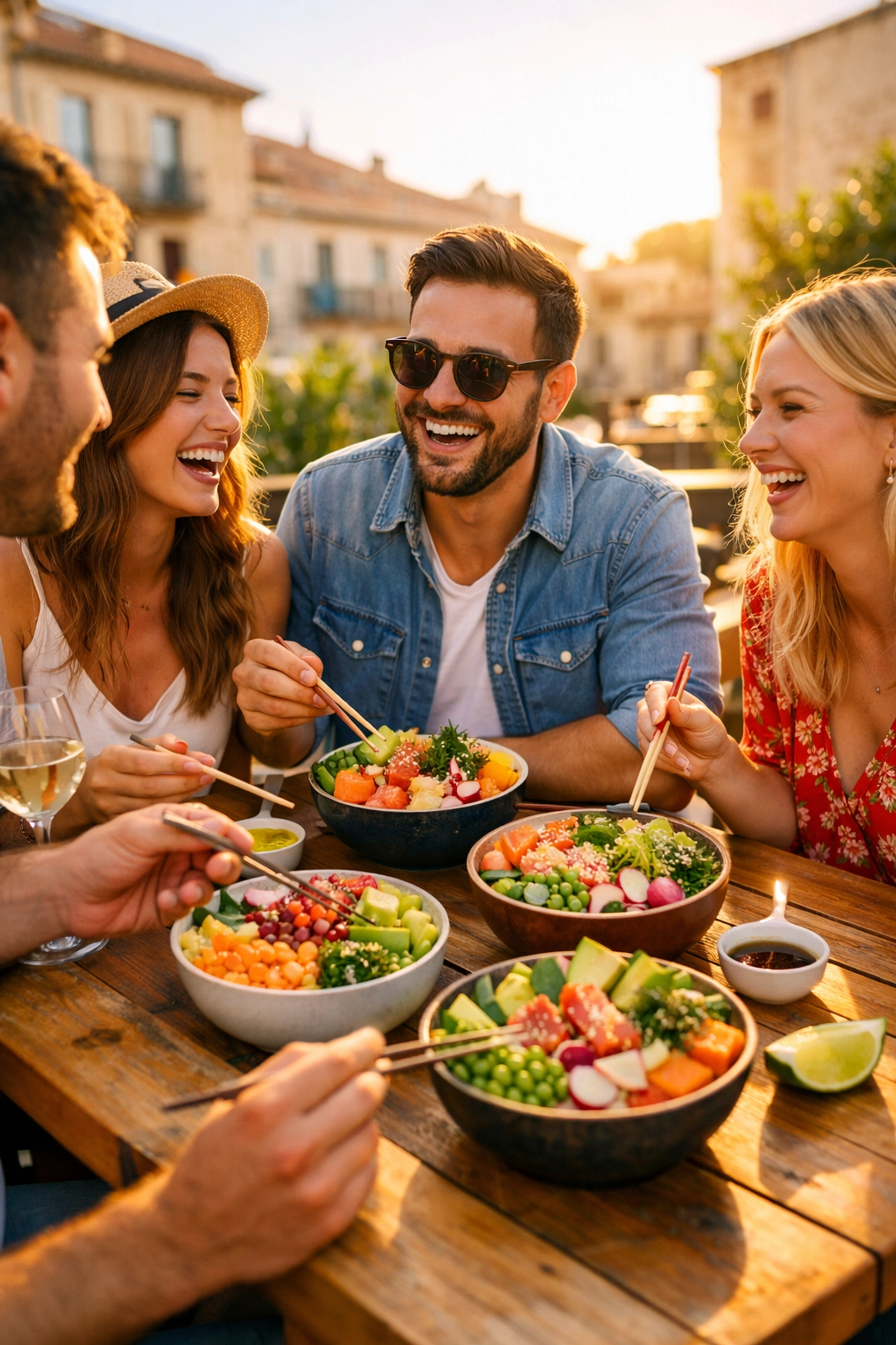 Moment convivial entre amis dégustant des poke bowls healthy sur une terrasse à Montpellier.