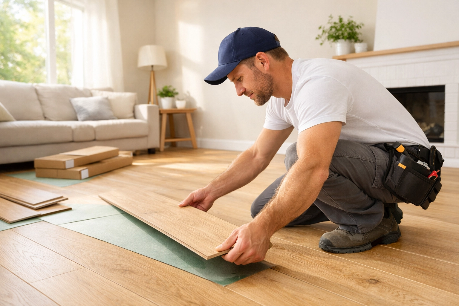 Contractor installing new wood flooring during the final phase of home water damage restoration.