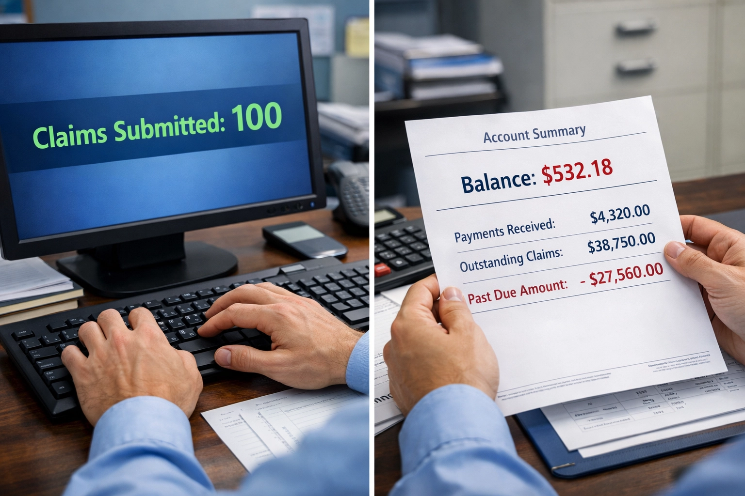Split view of medical claims submitted versus actual bank deposits showing payment gaps