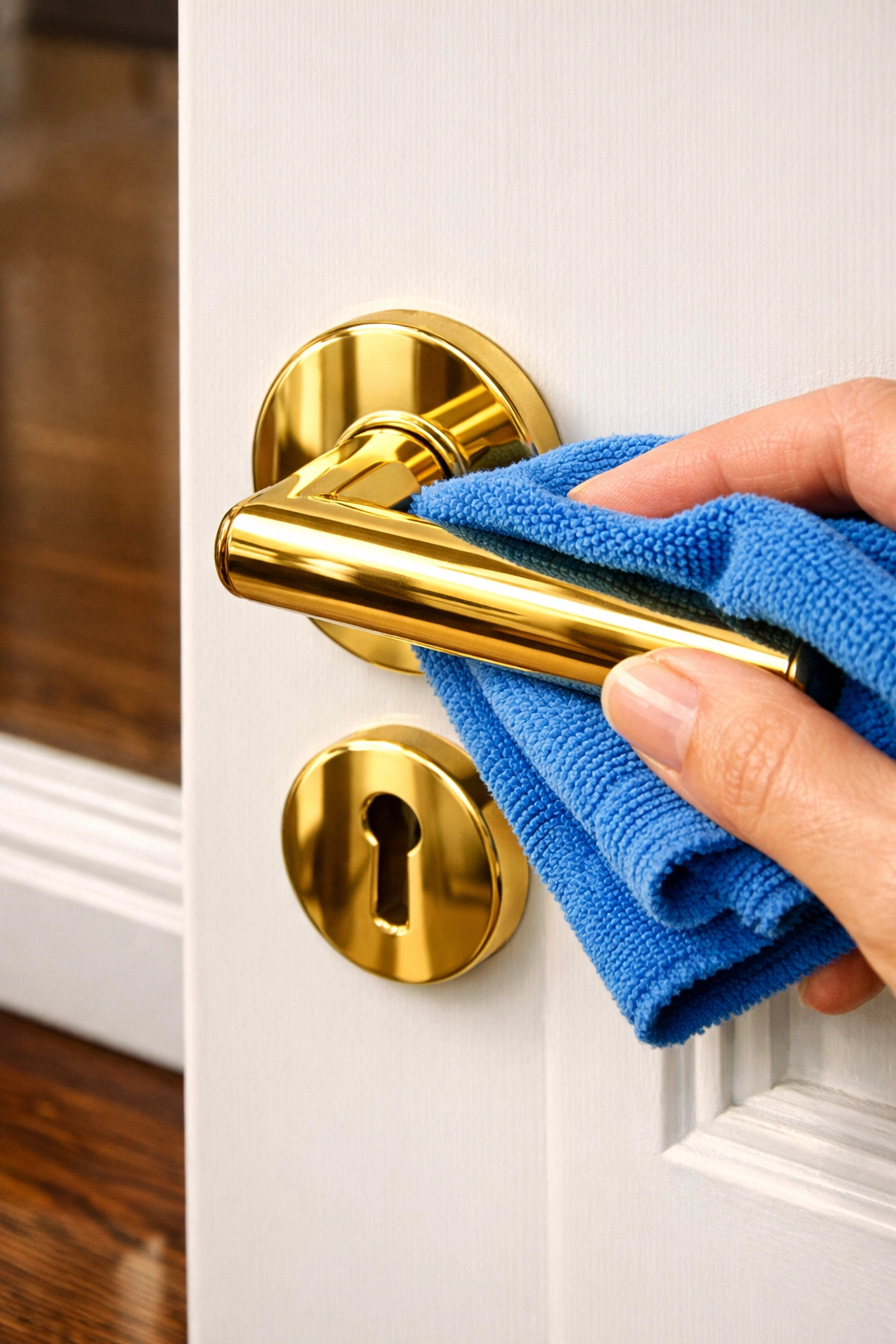 Expert maid service in Cambridge wiping a door handle to keep a high-end residential home sanitized.
