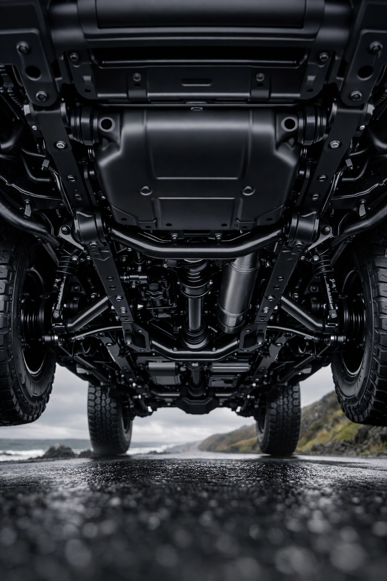 A vehicle undercarriage with a professional satin-black Dinitrol coating for chassis protection.