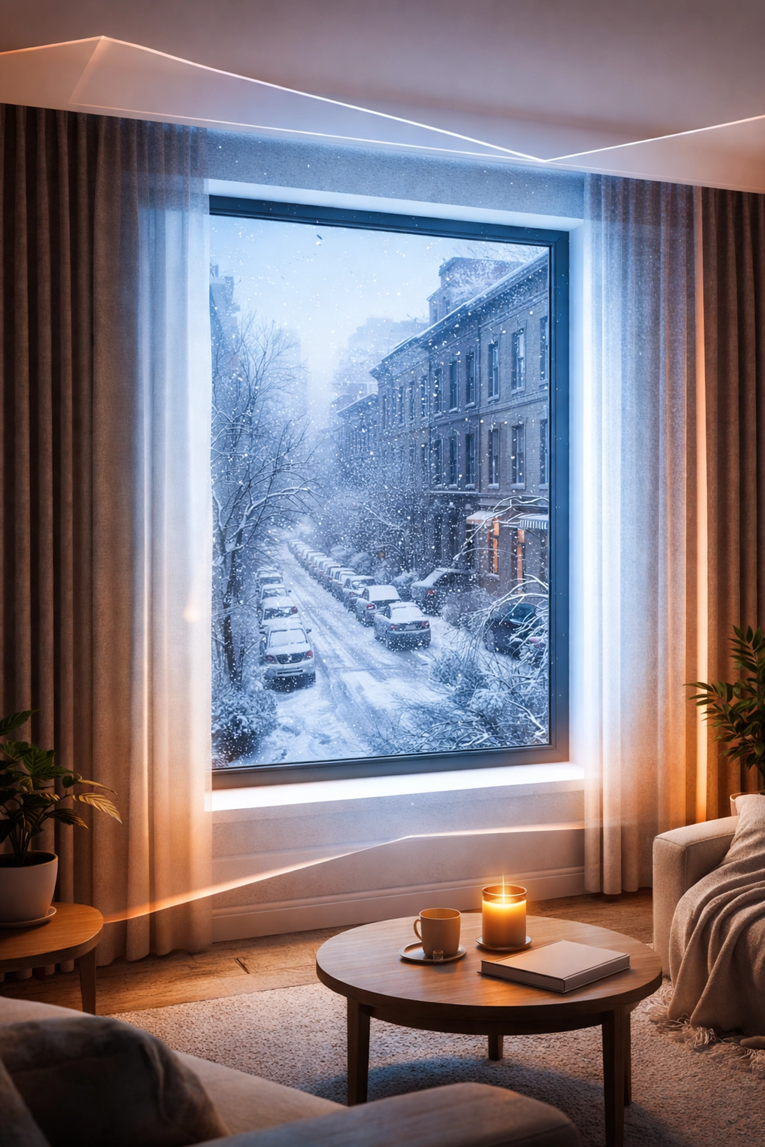 Thermal curtains on NYC apartment window blocking cold air and improving winter insulation