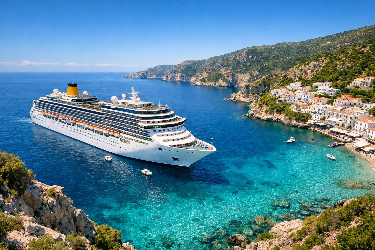 A grand luxury cruise ship anchored in a scenic turquoise bay in the Greek Isles.