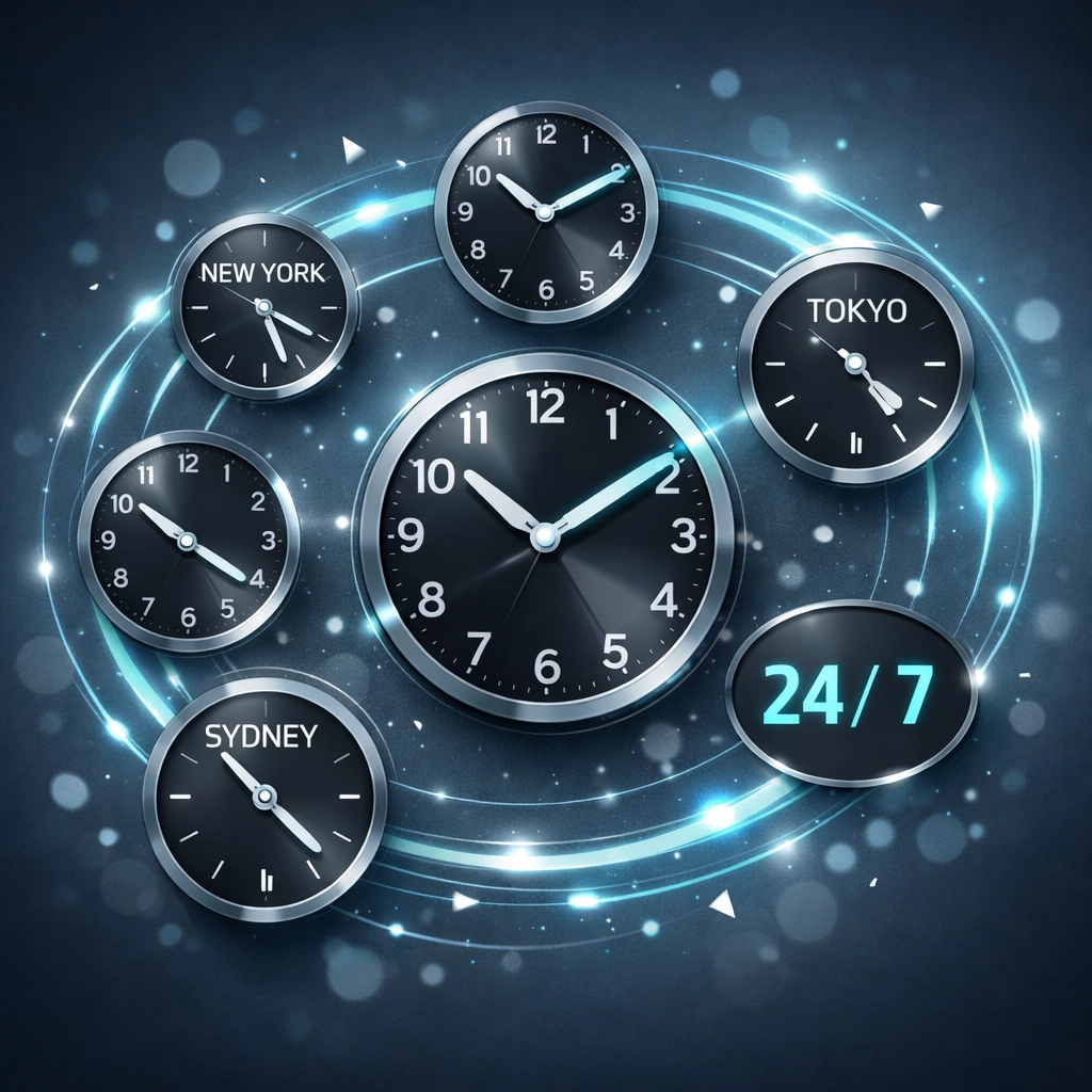 Multiple clocks representing 24/7 managed IT support availability