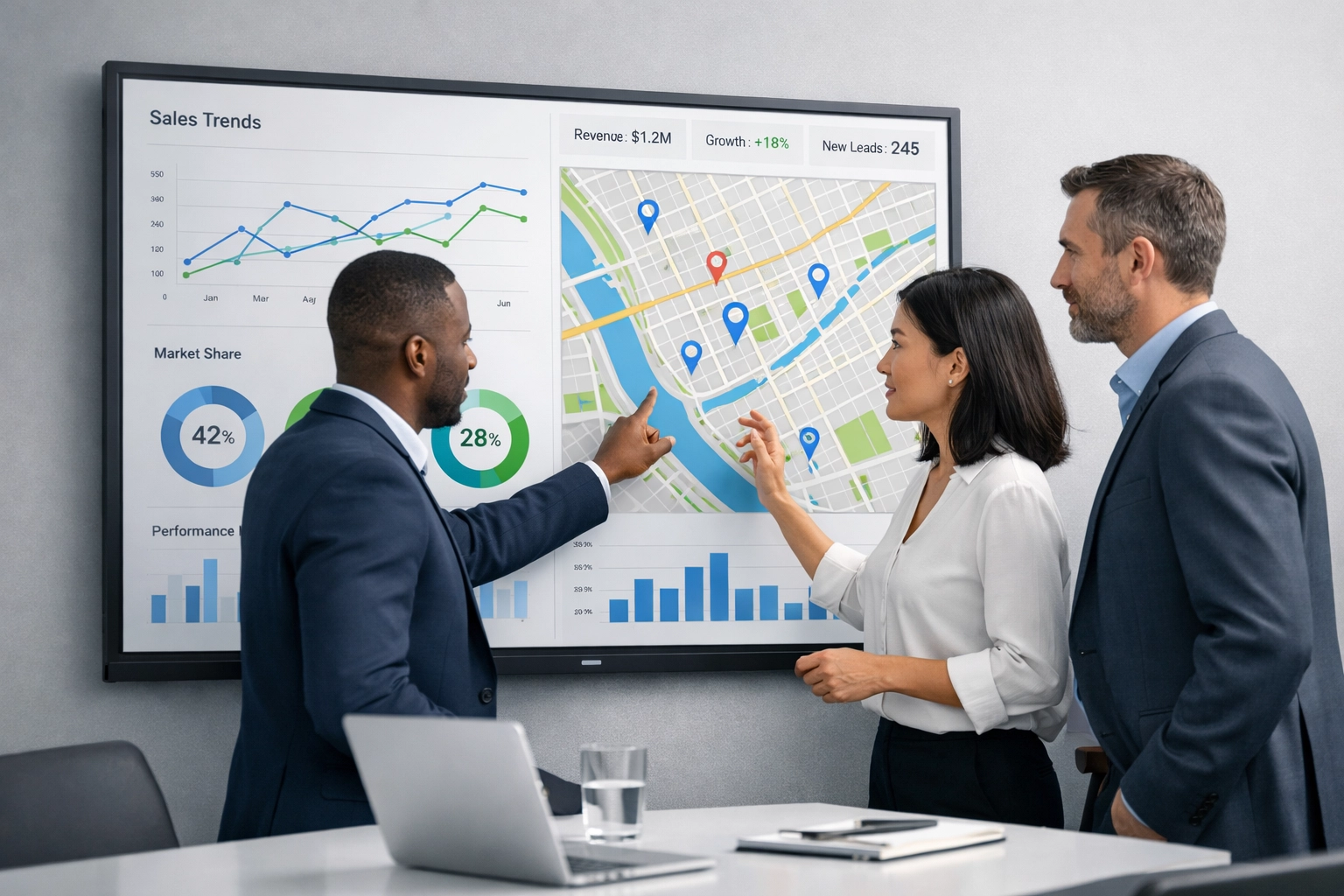 Business professionals analyzing local market data charts to drive strategic growth and authority.