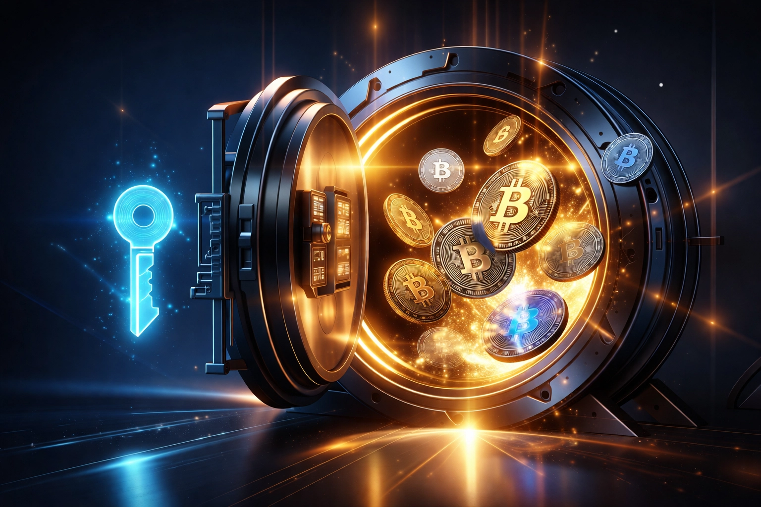 Digital vault opens to reveal crypto coins in air, symbolizing self-custody and merchant control with Larecoin wallet.