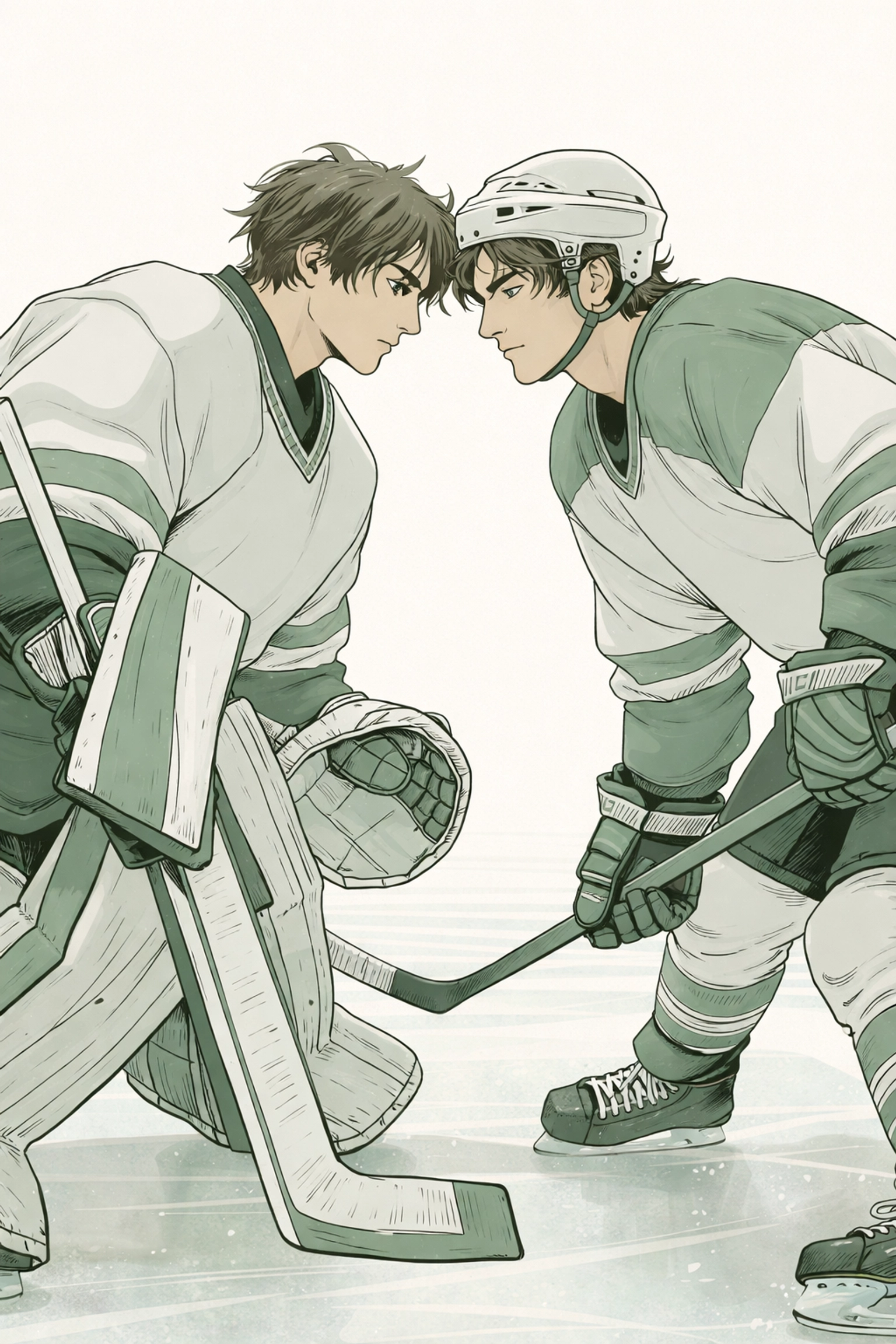 Rival male hockey players face off on ice, conveying competition and suppressed attraction in gay sports fiction