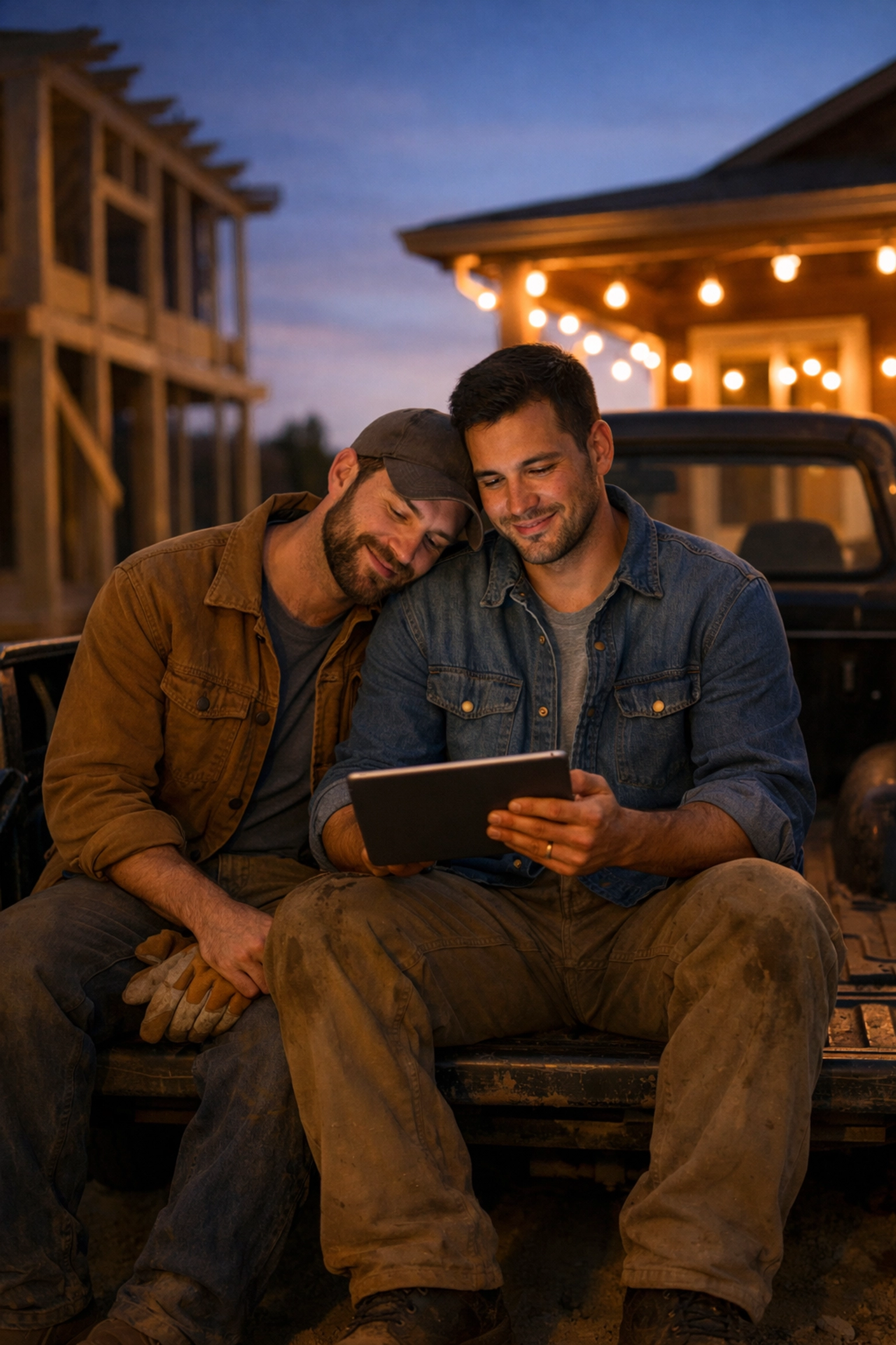Two gay handymen sharing an intimate moment on a truck tailgate at twilight, a scene from MM contemporary romance.