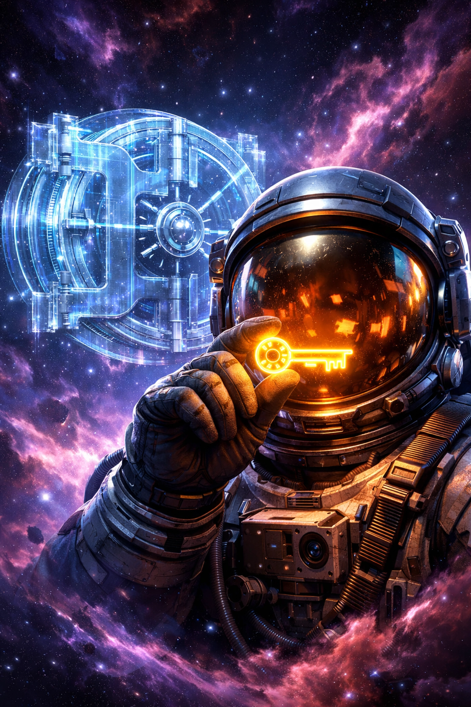 Secure Web3 merchant payments showing an astronaut with a digital key for self-custody and financial control.