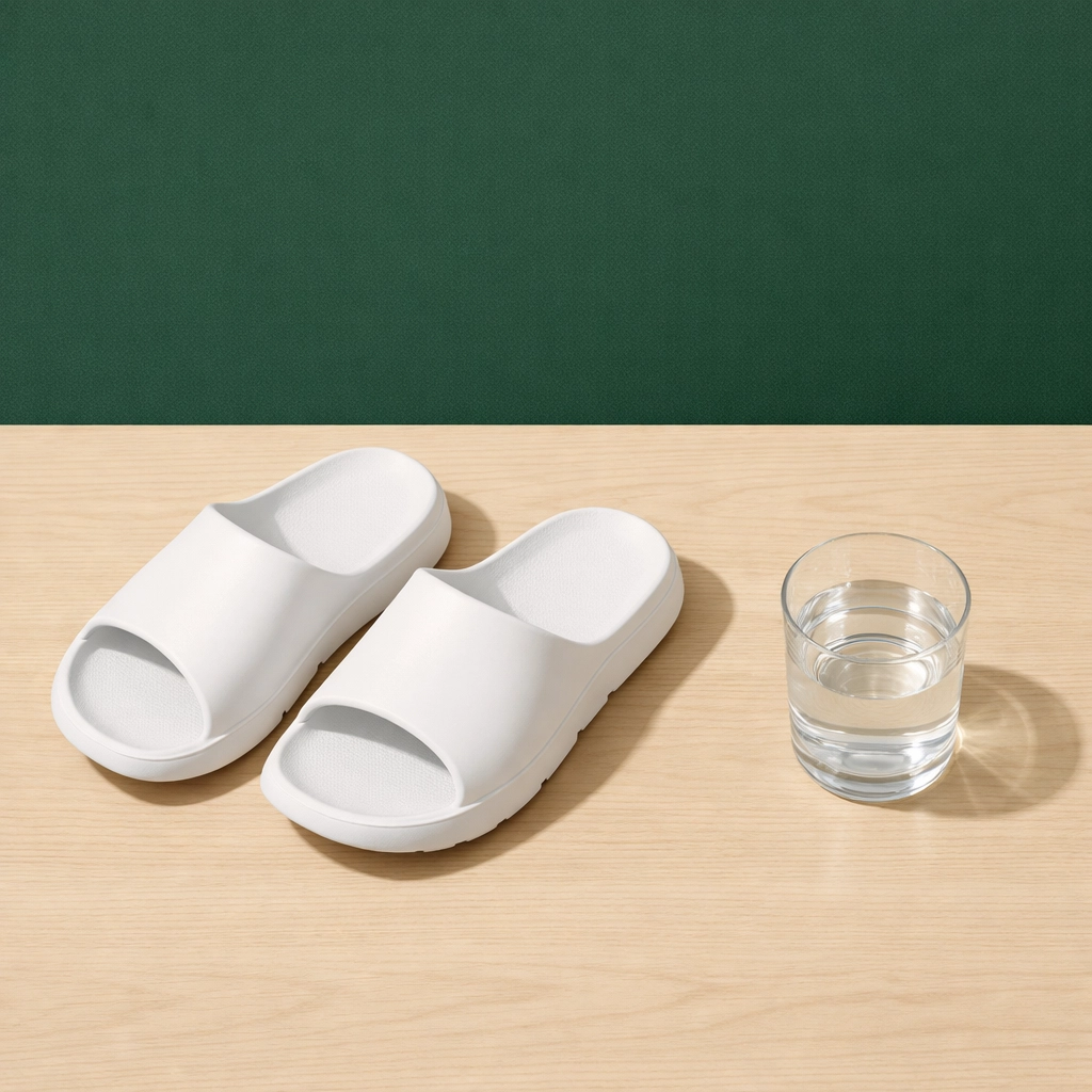 Athletic recovery slides and a glass of water representing post-workout hydration and recovery.