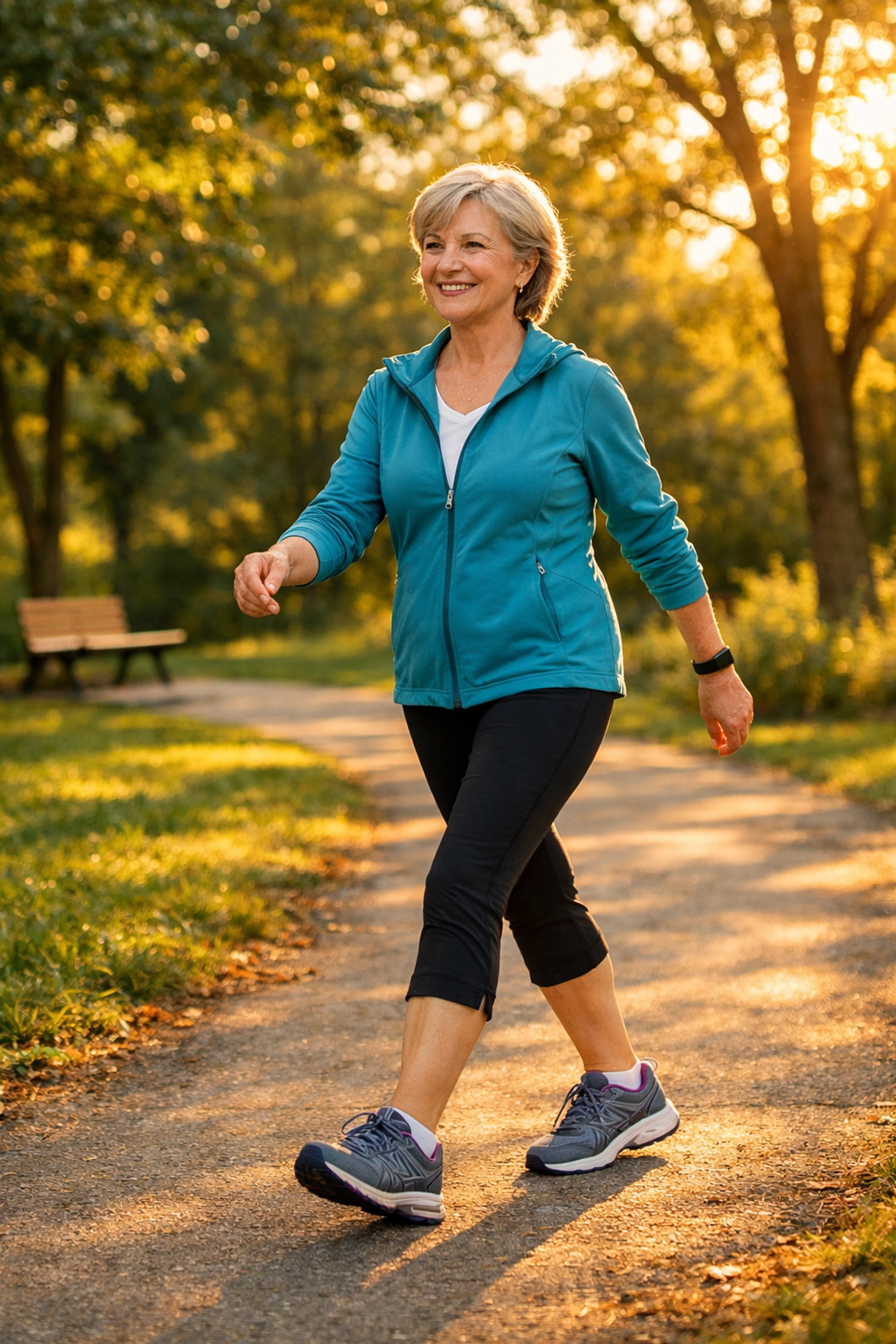 Active senior woman walking in a park to improve balance and bone health through weight-bearing exercise.