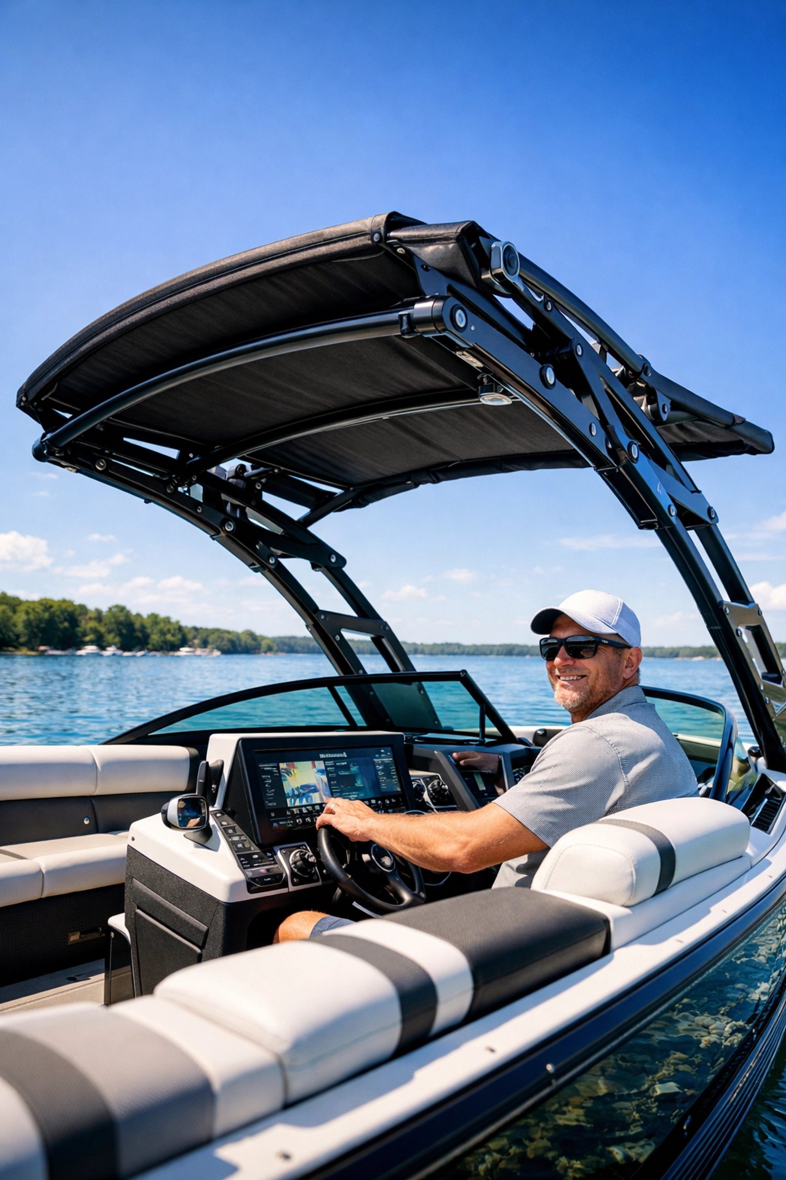 Automatic power bimini top on a luxury tritoon boat providing effortless shade on a sunny lake.