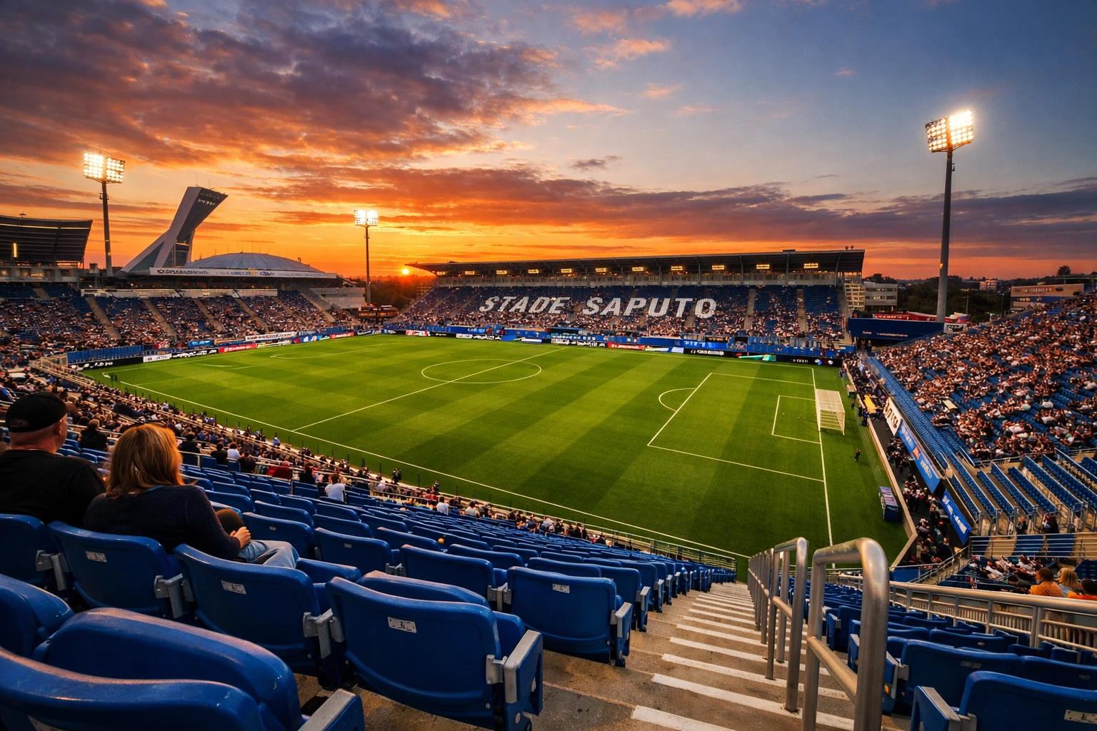 Wide-angle view of Stade Saputo soccer stadium at sunset showing the green pitch and steep stands.