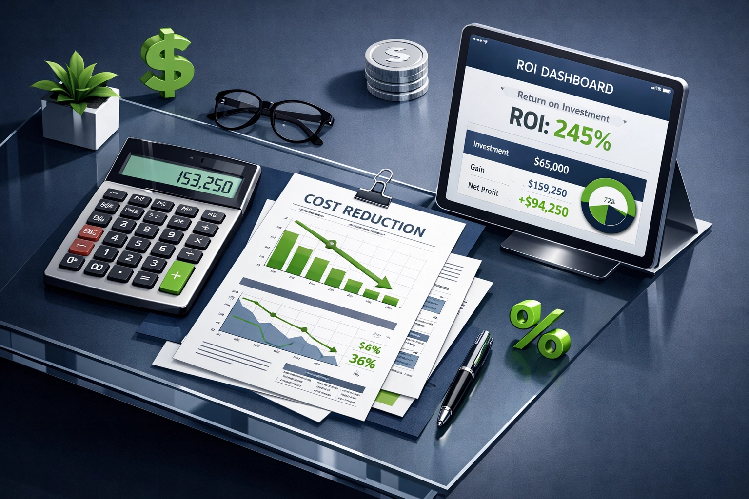 ServiceNow ROI analysis workspace showing cost reduction and license optimization savings for banking