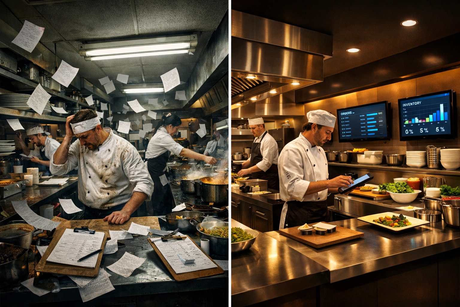 Traditional restaurant kitchen with paper tickets versus modern kitchen with digital tablet displays