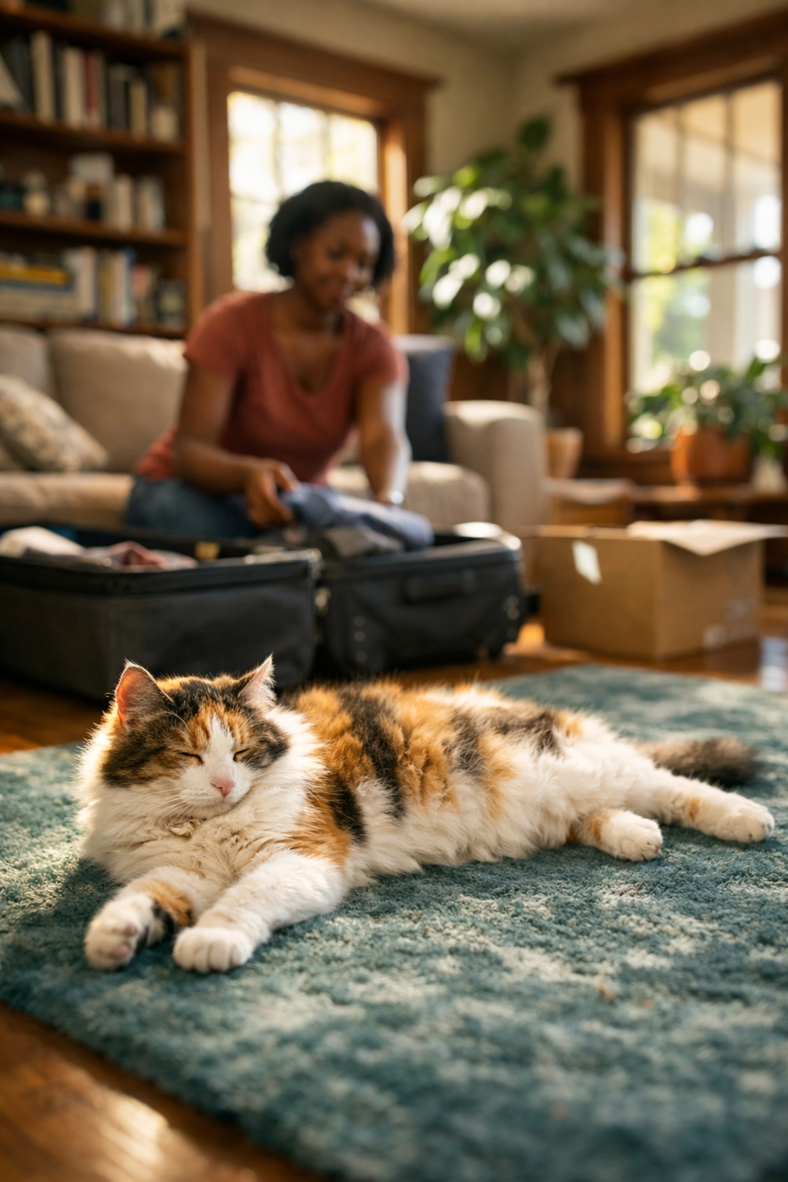 Bay Area cat care: A calico cat remains calm in its Oakland home before the owner travels.