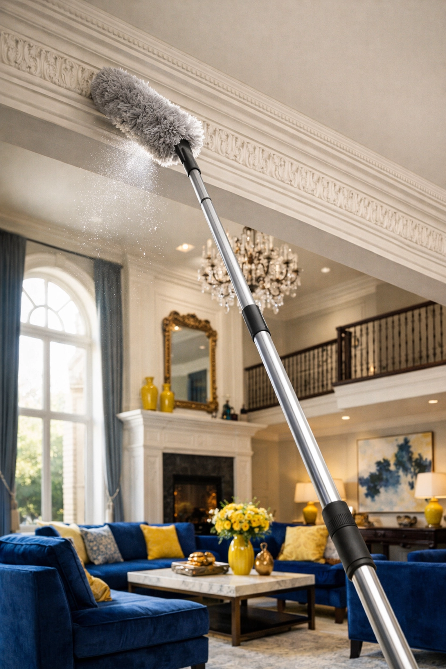 Expert house cleaning Worcester MA duster cleaning high ceiling molding in a luxury living room.
